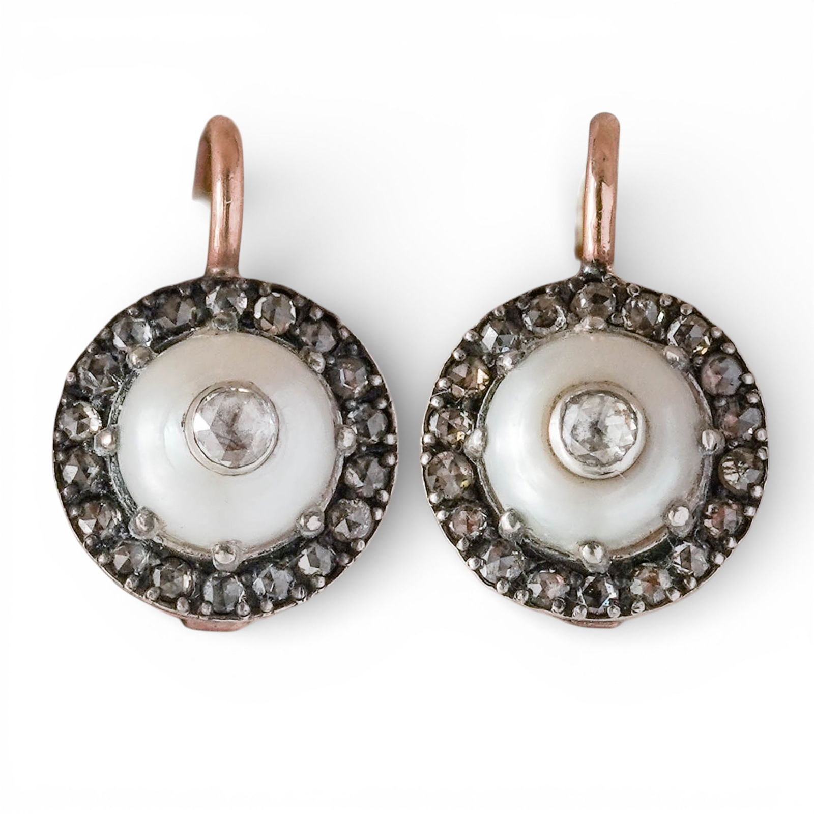 Imperial Russian Era 14K Gold, Diamond & Pearl Earrings: Imperial Russian Era 14K Gold, Diamond & Pearl EarringsLate 19th-Early 20th c., RussiaAntique 14k rose and white gold drop earrings featuring a round white pearl with an old mine-cut diamond in the ce