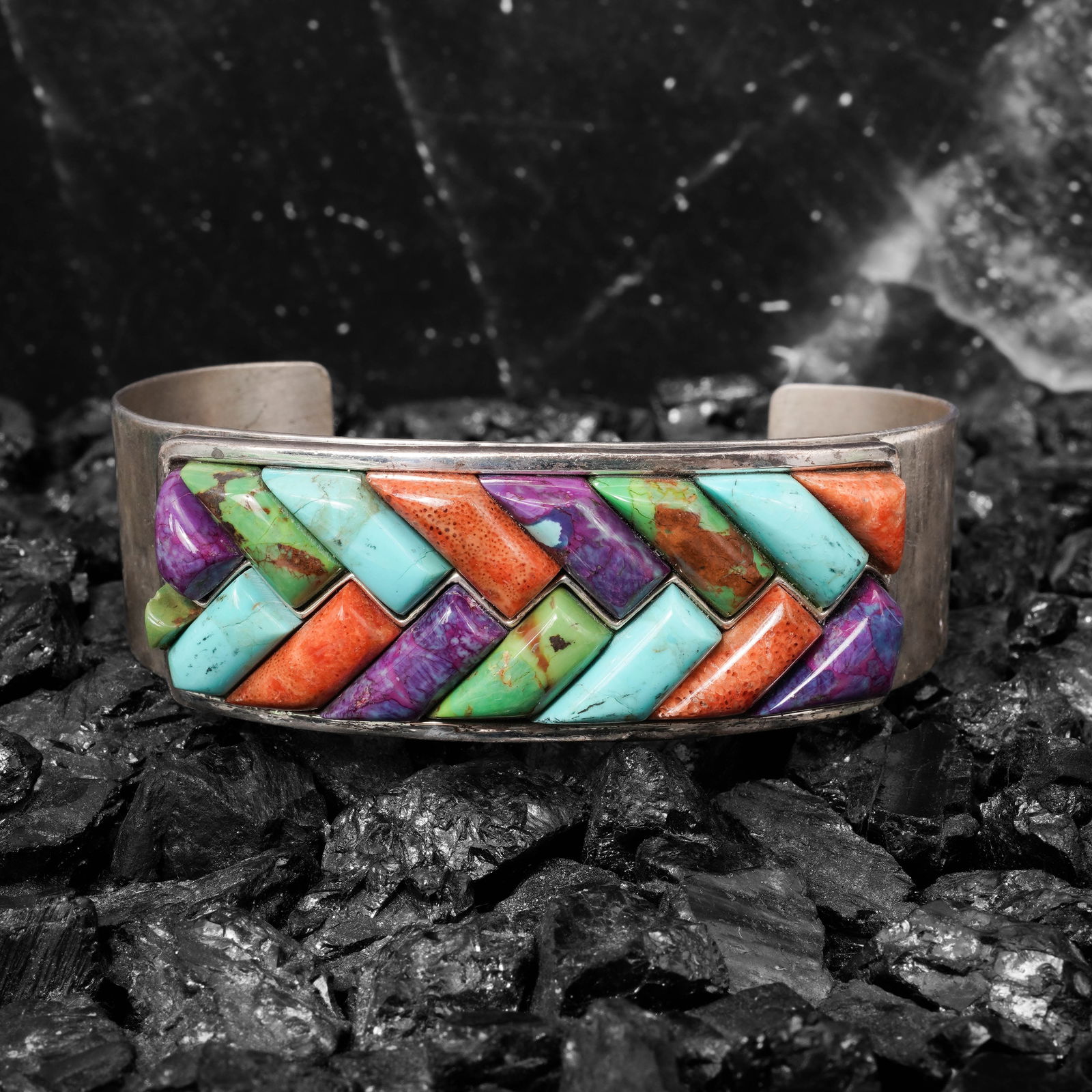 Jay King DTR Sterling Silver Mixed Stone Cuff Bracelet: Jay King DTR Sterling Silver Mixed Stone Cuff BraceletCirca 1990s-2000s, ChineseJay King DTR sterling silver cuff bracelet featuring a full front panel of geometric chevron-pattern multicolor stone in