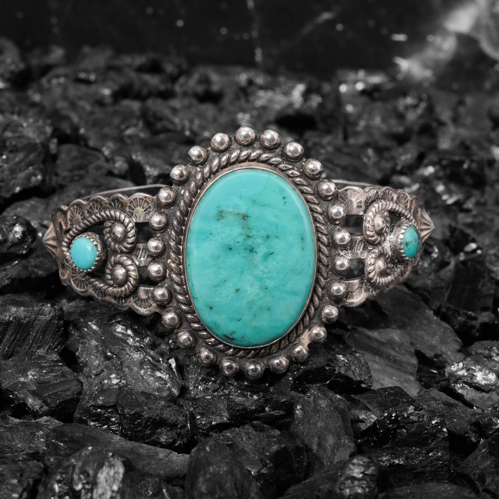 Vintage Navajo Sterling Silver & Turquoise Cuff Bracelet Signed (1 of 6)