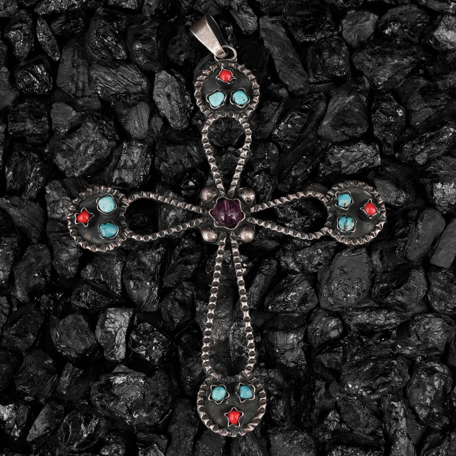 Mexican Sterling Silver Turquoise Amethyst & Coral Cross Pendant (1 of 5)
