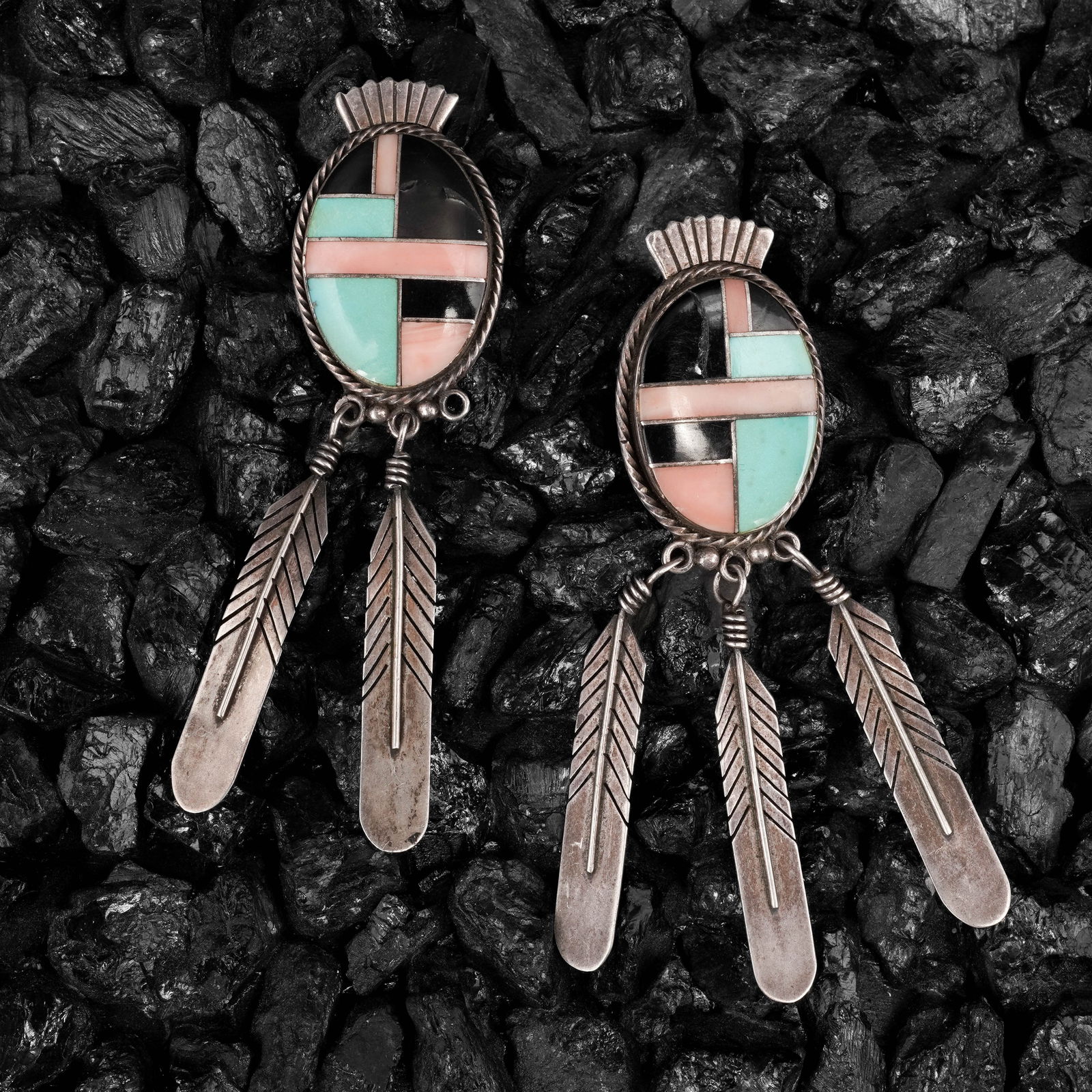 Vintage Zuni Sterling Silver & Mult Stone Inlay Earrings Signed (1 of 5)