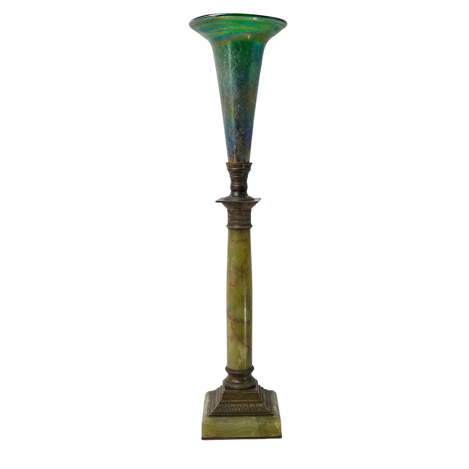 Fritz Heckert Iridescent Trumpet Glass Vase on Bronze & Onyx Column (1 of 5)