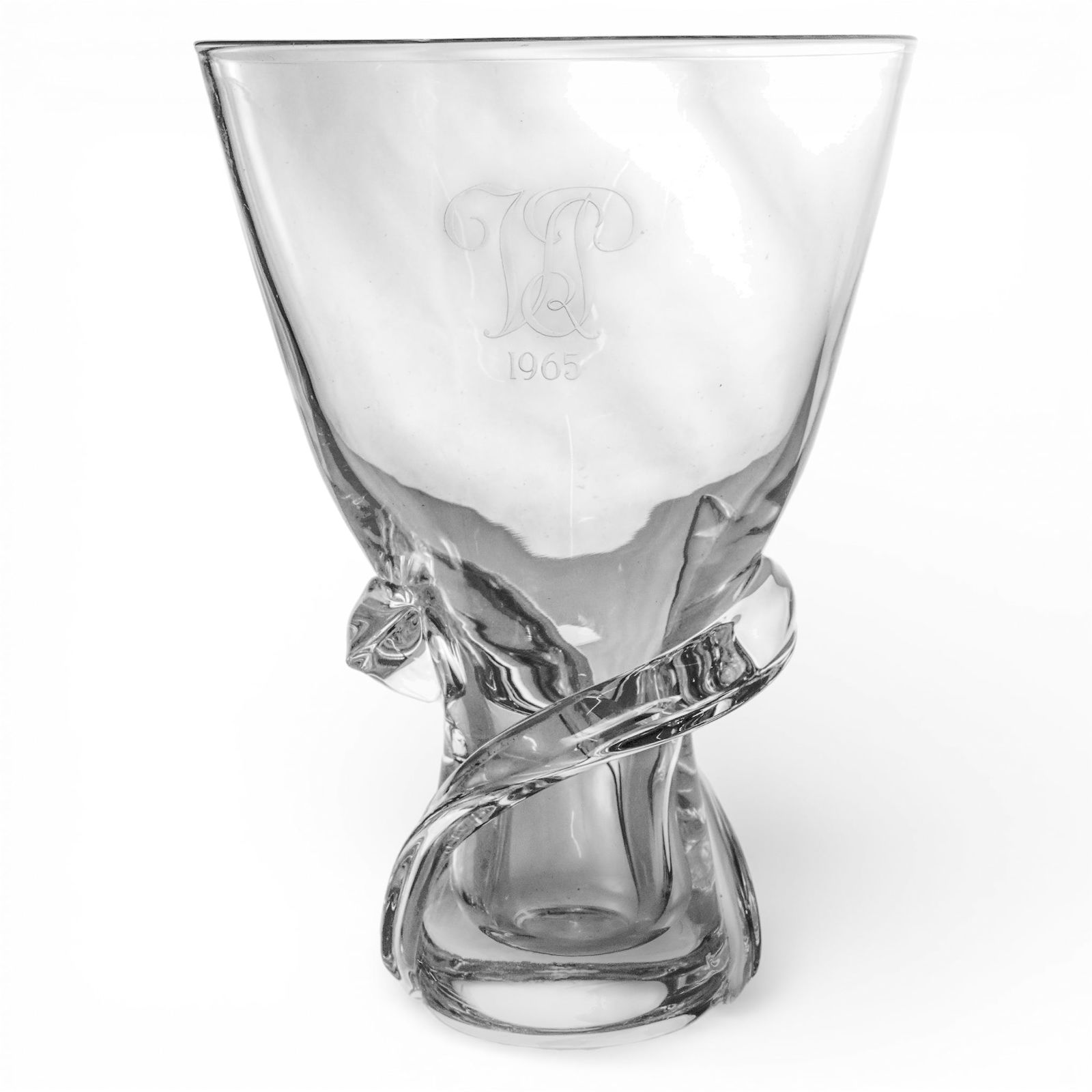 Steuben Crystal "Spiral" Vase w/ Box: Steuben Crystal "Spiral" Vase w/ BoxMid 20th c., USASteuben clear crystal vase designed by Donald Pollard featuring a flared upper bowl with a distinctive, artistic spiral applied at the base. It is e