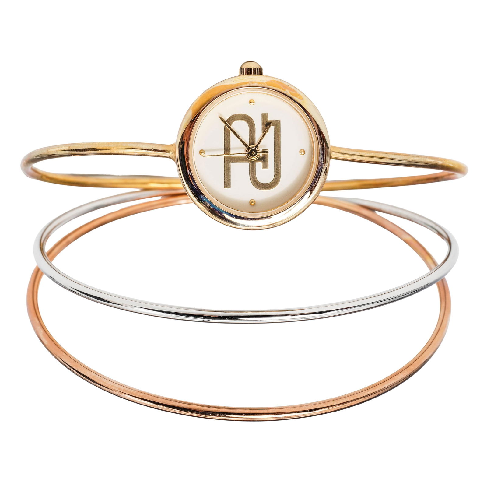 Paolo Gucci Bangle Bracelet Watch: Paolo Gucci Bangle Bracelet Watch20th c., ChinaPaolo Gucci watch with Japan movement and a gold tone stainless steel case. It has yellow, white, and rose gold tone stainless steel bangle bands. It is