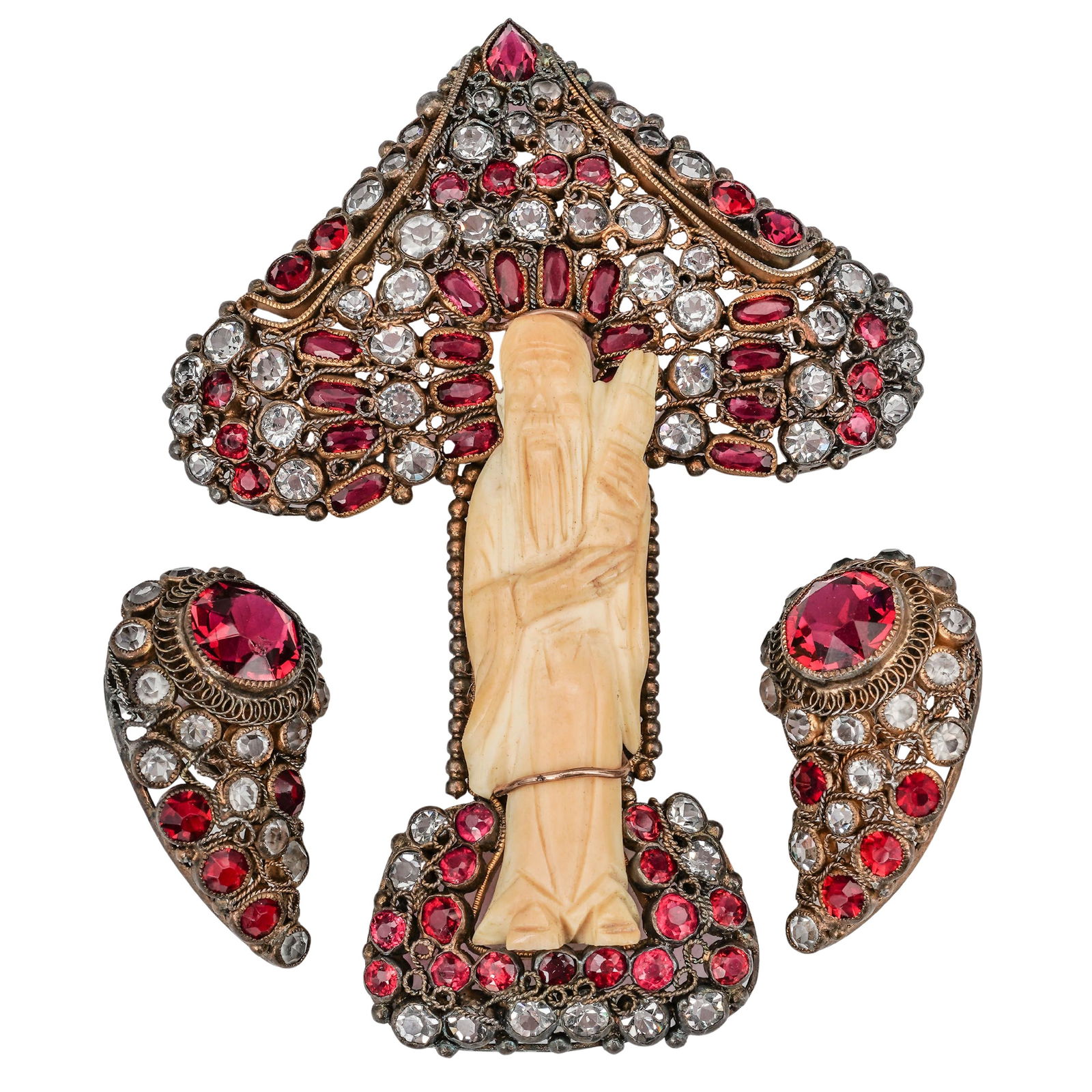 (3pc) Hobe Filigree Crystal & Carved Immortal Set: (3pc) Hobe Filigree Crystal & Carved Immortal SetCirca 1940s-1950s, USAThree piece Hobé set comprising a large fan-shaped brooch and a pair of matching pendant earrings, executed in gold-tone filigre