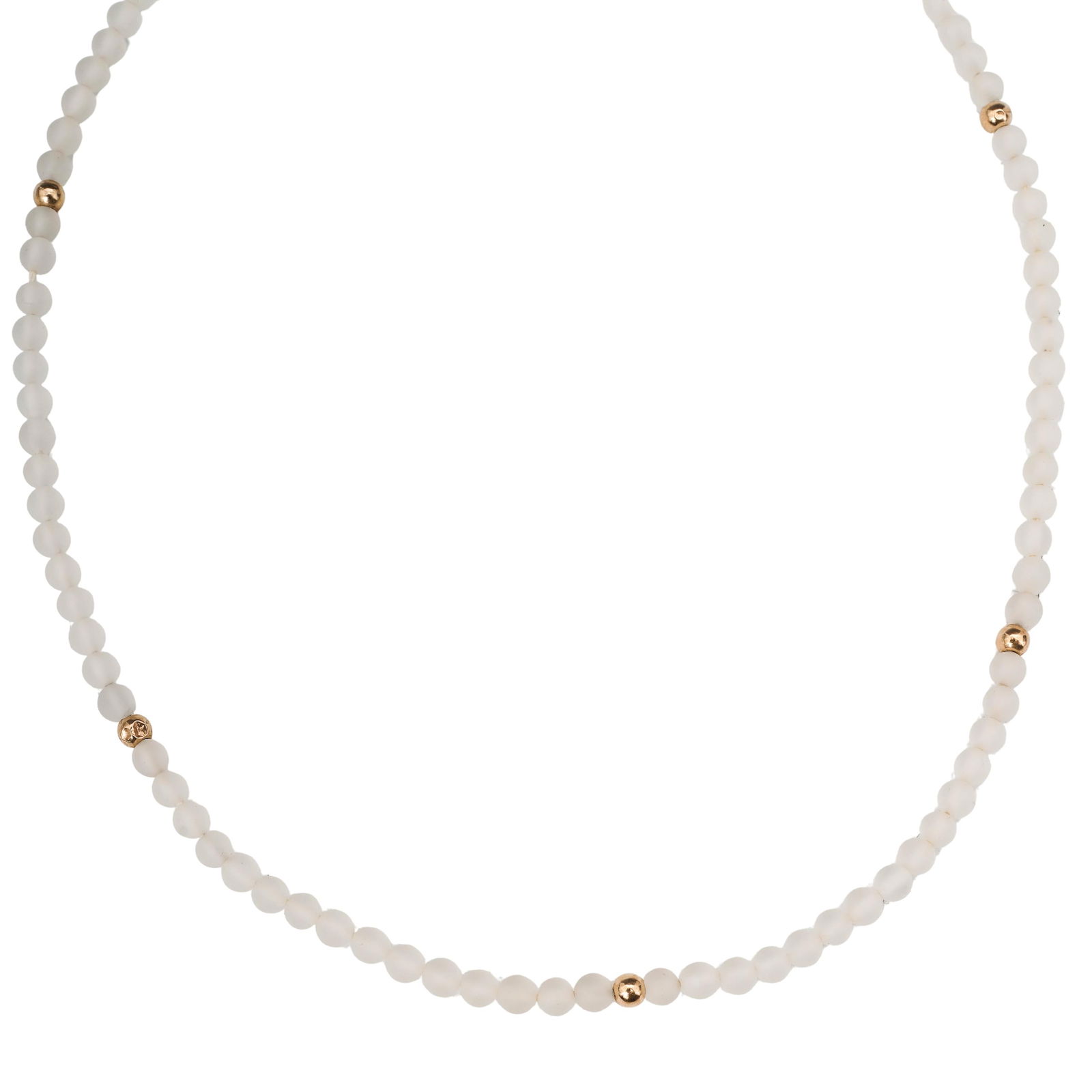 Vintage 14k Gold & Frosted Glass Bead Necklace: Vintage 14k Gold & Frosted Glass Bead NecklaceCirca 1950s-1960sStrand necklace composed of satin-etched frosted glass beads measuring approximately 6.2 mm in diameter, spaced by 14, 14k gold beads mea