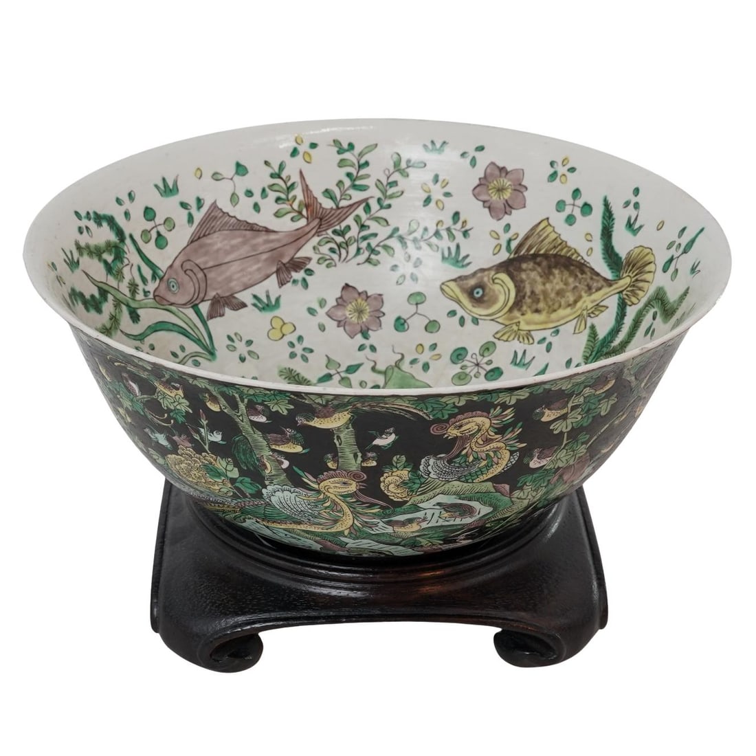 19th Cent. Chinese Famille Noir Porcelain Bowl: 19th Cent. Chinese Famille Noir Porcelain BowlLate 19th century, ChineseA 19th century Chinese ceramic bowl. Outer bowl features a famille noir design with avian and foliage motifs, while the inside f