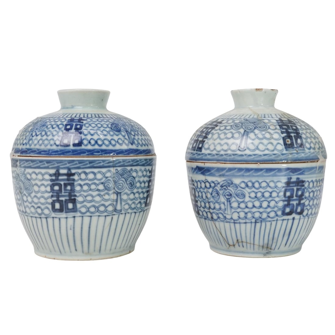 Pair Chinese Blue & White Porcelain "Double Happiness" Jars (1 of 4)