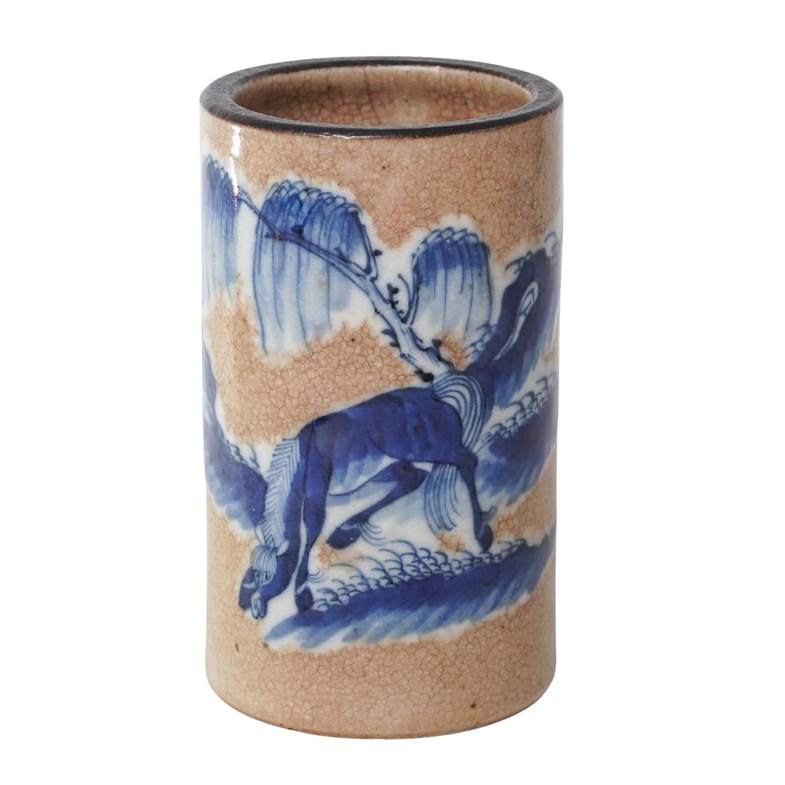 Antique Chinese Crackle-Glaze Blue & White Porcelain Brush Pot (1 of 4)