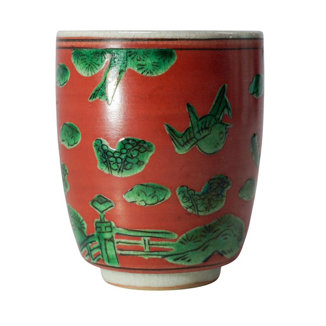 Antique Japanese Kutani Ware Ceramic Teacup: Antique Japanese Kutani Ware Ceramic TeacupLate 19th-early 20th century, JapaneseAn antique Japanese Kutani ware ceramic teacup. Red over white glaze with a vibrant green over glaze and hand painted l