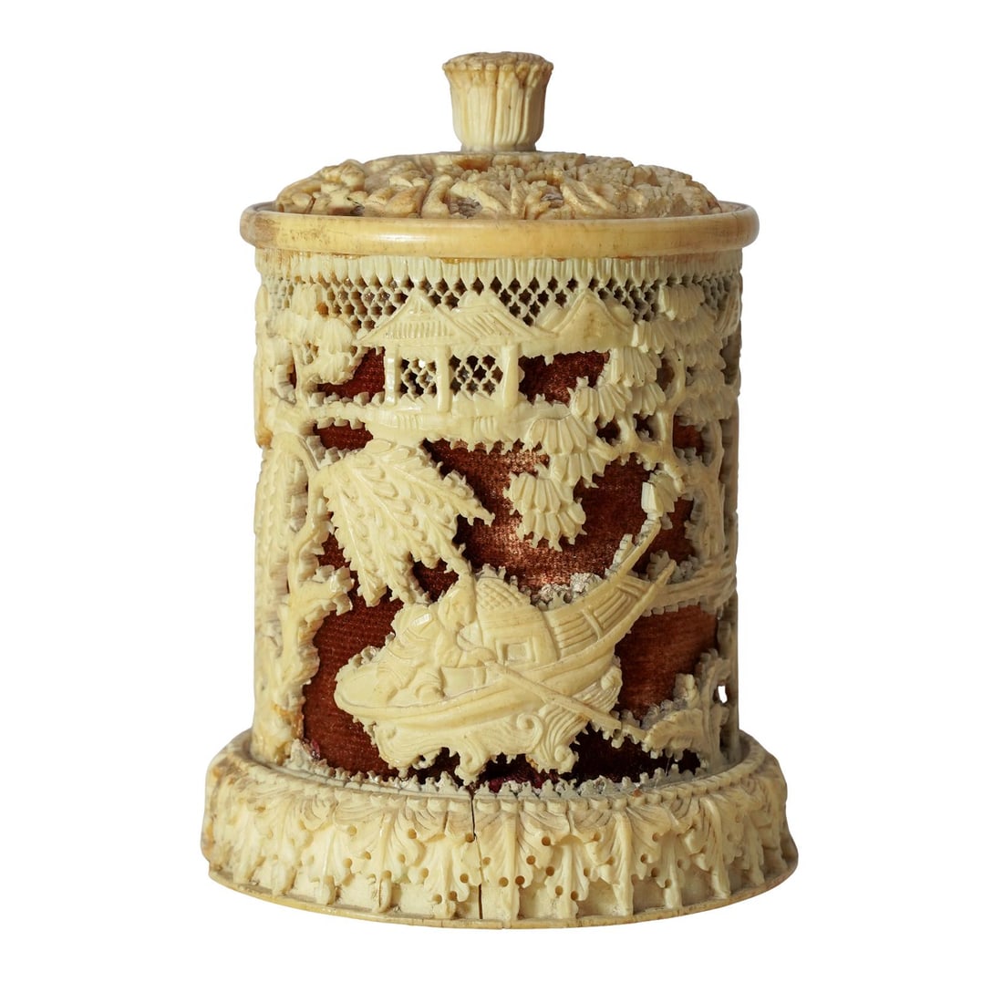 Antique Chinese Carved Bone and Velvet Cricket Jar (1 of 3)