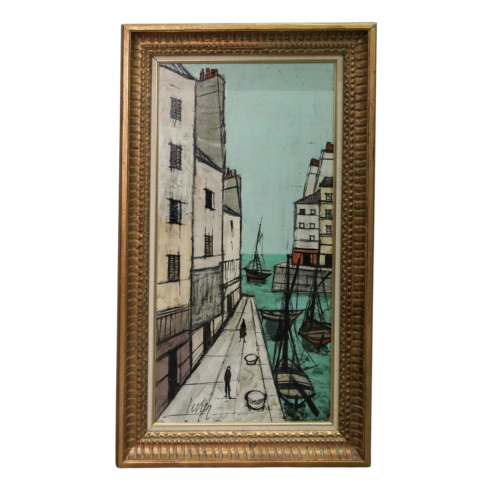 Charles Levier (French/ American 1920-2003) "Le Port" Oil on Canvas Painting: Charles Levier (French/ American 1920-2003) "Le Port" Oil on Canvas Painting1970s, FrenchOriginal oil on canvas, depicts a French harbor scene, with buildings lining a dock where sailboats are moored.