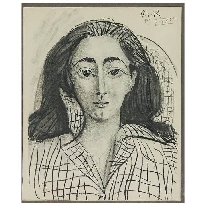 Pablo Picasso (Spanish 1881-1973) "Portrait of Jacqueline" Lithograph: Pablo Picasso (Spanish 1881-1973) "Portrait of Jacqueline" Lithograph1958, SpanishPablo Picasso Lithograph Portrait of his wife and muse Jacqueline Roque. The piece emphasizes her almond-shaped eyes,