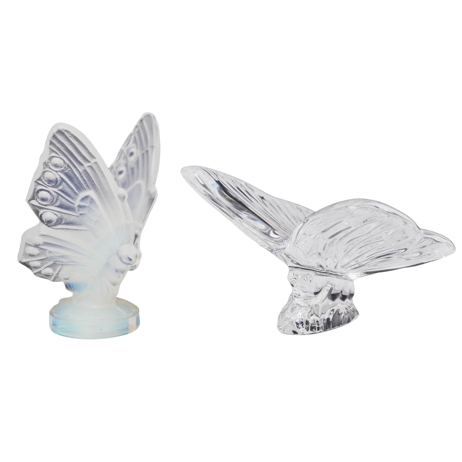 (2 pcs) Sabino & Waterford Crystal Butterflies: (2 pcs) Sabino & Waterford Crystal Butterflies20th century, Irish and FrenchA set of two crystal butterflies.(1) Opalescent glass butterfly. Marked "Sabino France" on bottom.(1) Clear crystal butterfl
