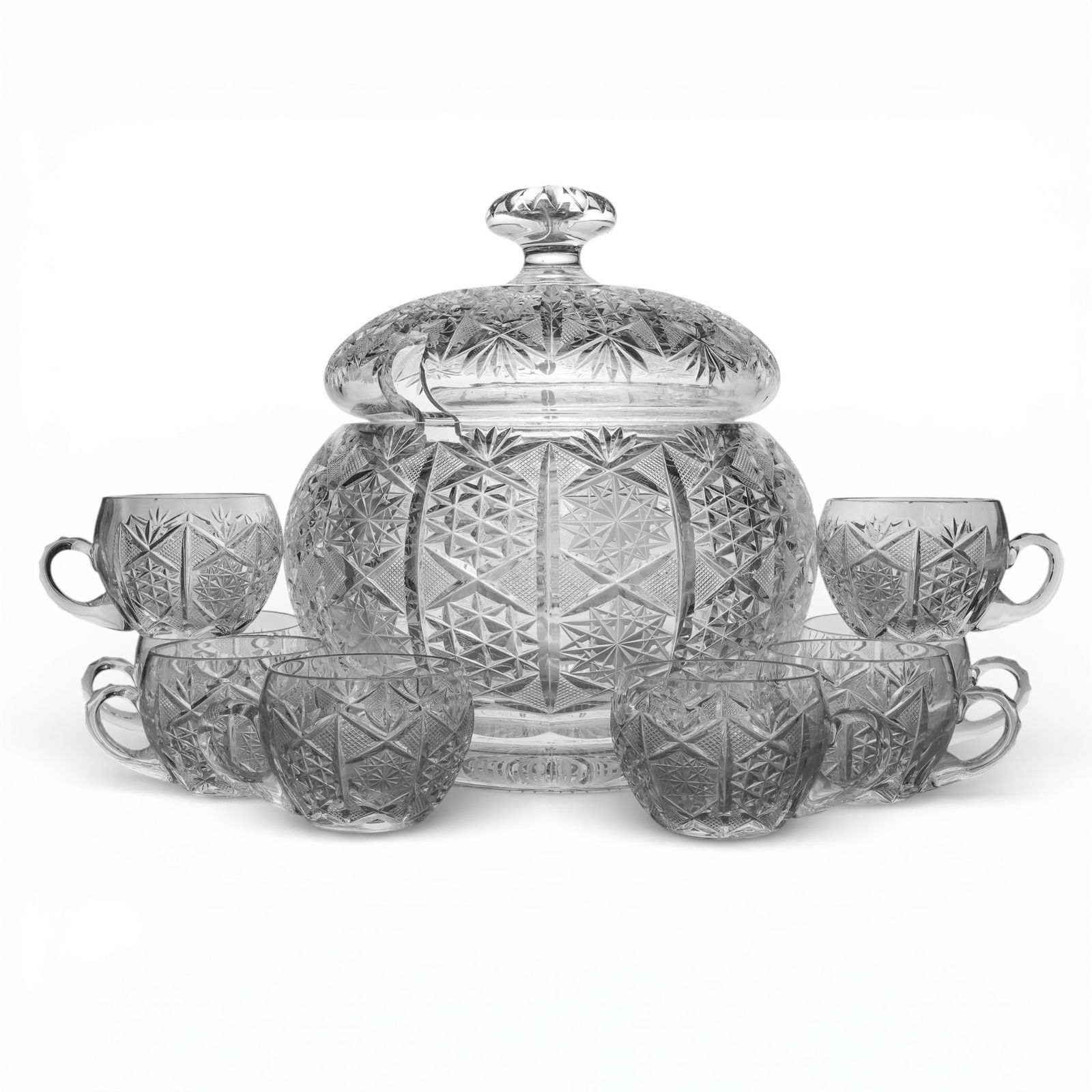 (9 pcs) Vintage Cut Crystal Punch Bowl and Glasses (1 of 8)