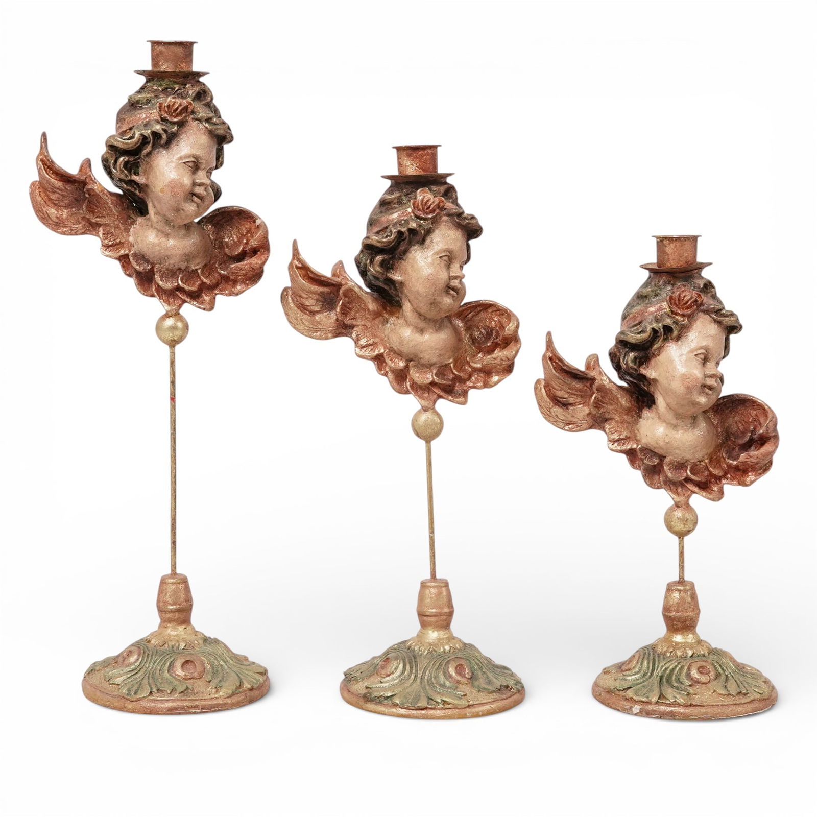(3 pcs) Vintage Italian Plaster Cherub Candlesticks: (3 pcs) Vintage Italian Plaster Cherub Candlesticks Early to mid 20th century, Italian A set of three vintage Italian plaster candlesticks, each with a sculpted bust of a cherub. Painted detail with