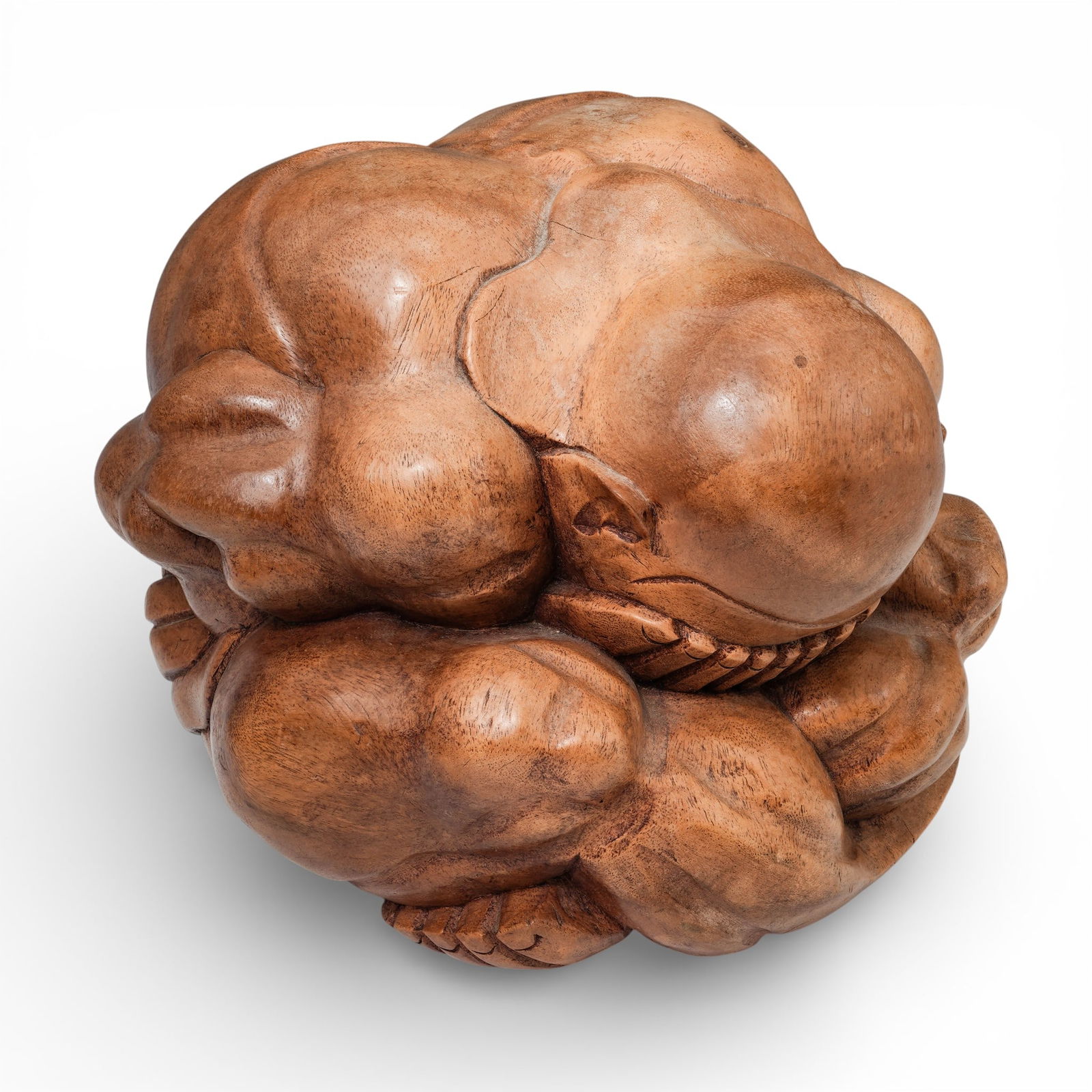 Large Wood "Weeping Buddha" Sculpture: Large Wood "Weeping Buddha" Sculpture Late 20th c., Asia Large carved wood statue depicting a figure in a curled posture with its head in its lap and its hands covering its face. Approx. H: 11" W: