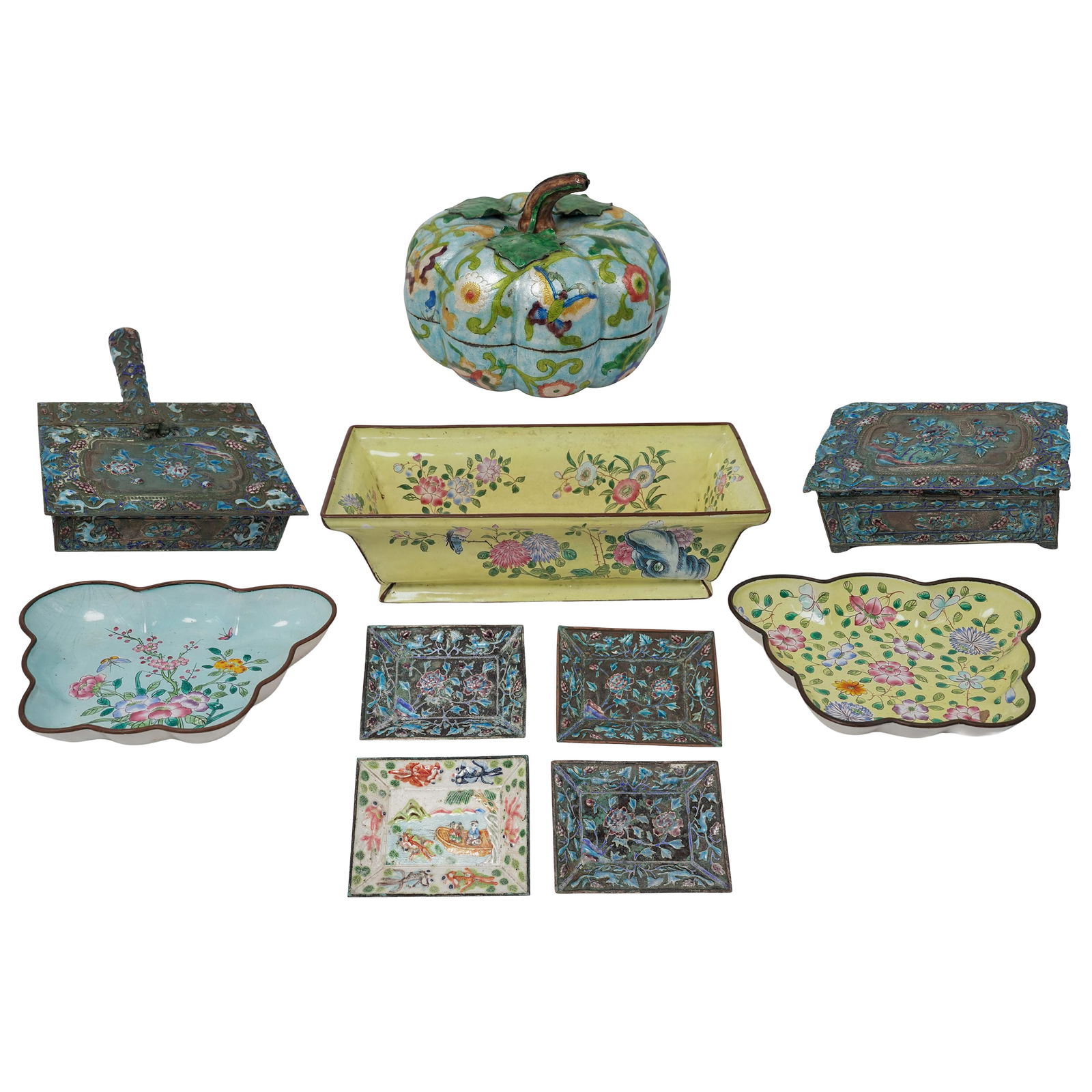 10pc Chinese Enamelware Boxes Bowls and Planter (1 of 8)