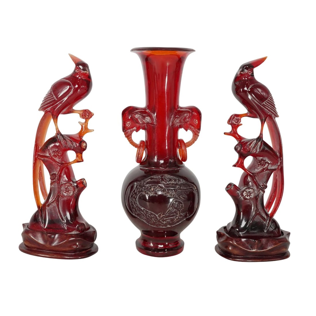 (3 pcs) Vintage Chinese Carved Ruby Resin Garniture Set (1 of 4)
