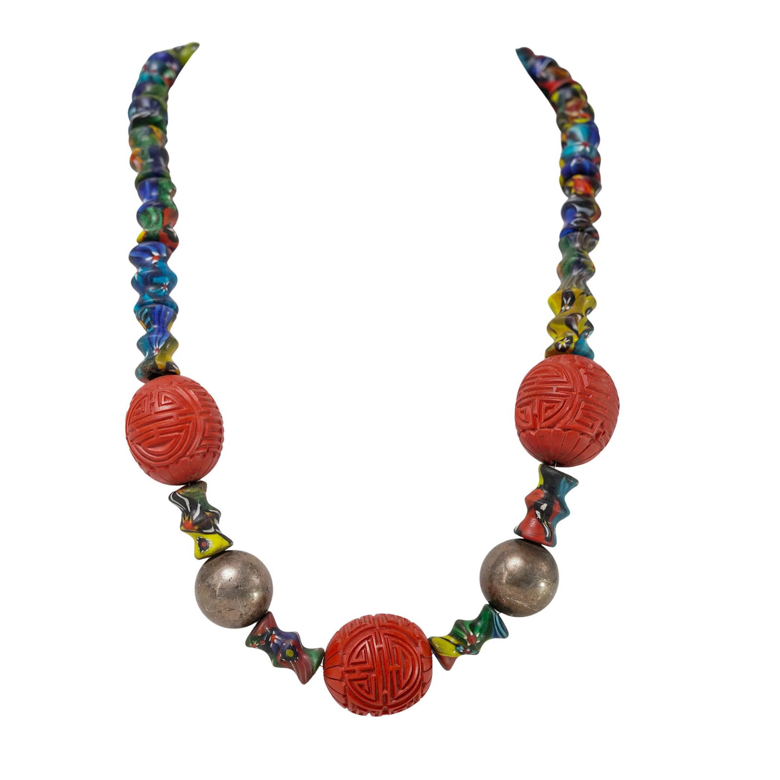 Silver Venetian Glass & Cinnabar Beaded Necklace (1 of 4)