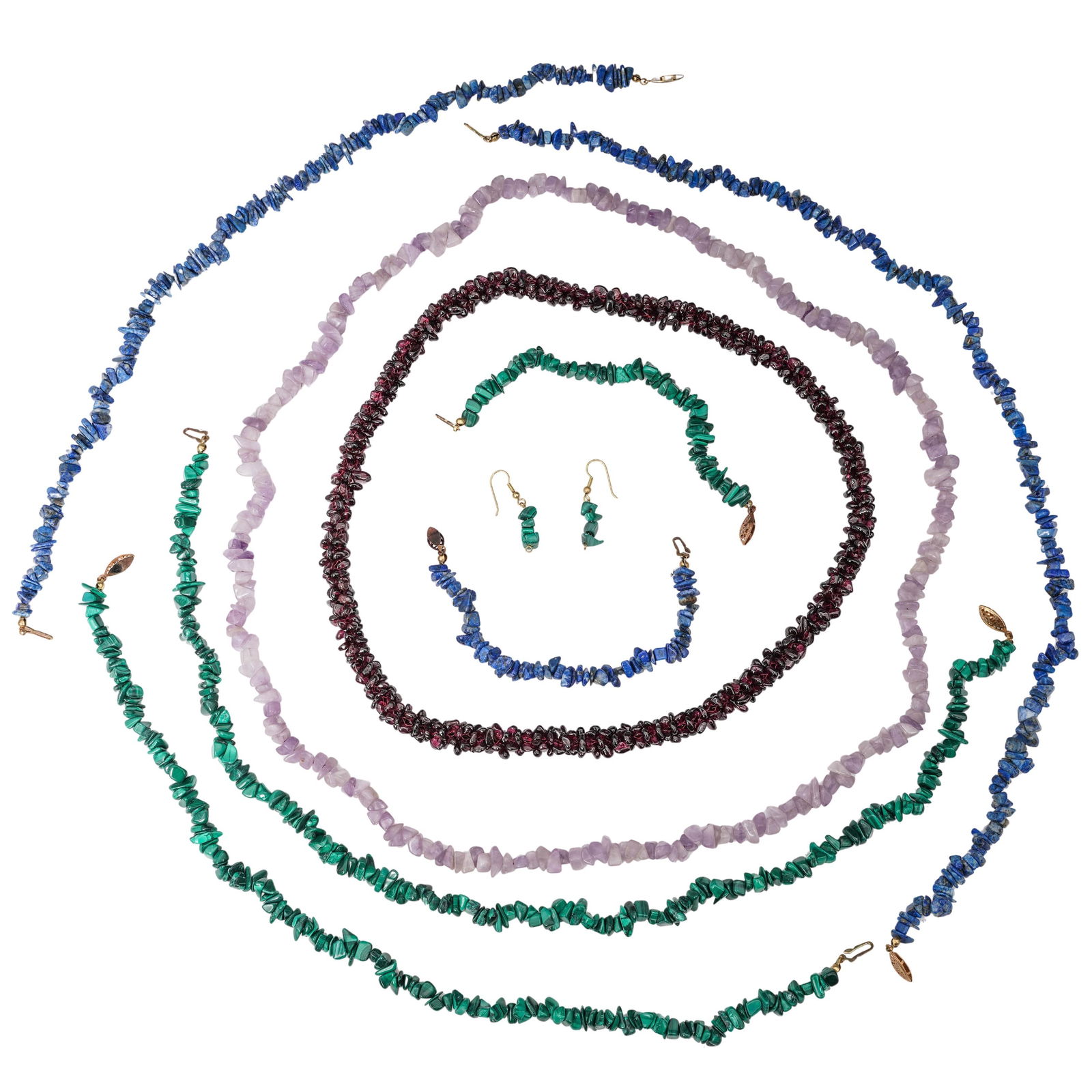 (9 Pcs) Polished Gemstone Chip Necklaces Bracelets & Earring Set: (9 Pcs) Polished Gemstone Chip Necklaces Bracelets & Earring SetCirca Late 20th CenturyA group of polished gemstone chip strands consisting of amethyst, garnet, malachite, and lapis lazuli, presented