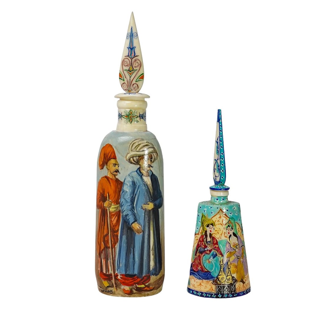 (2 pcs) Turkish Hand Painted Carved Bone Perfume Bottles (1 of 8)