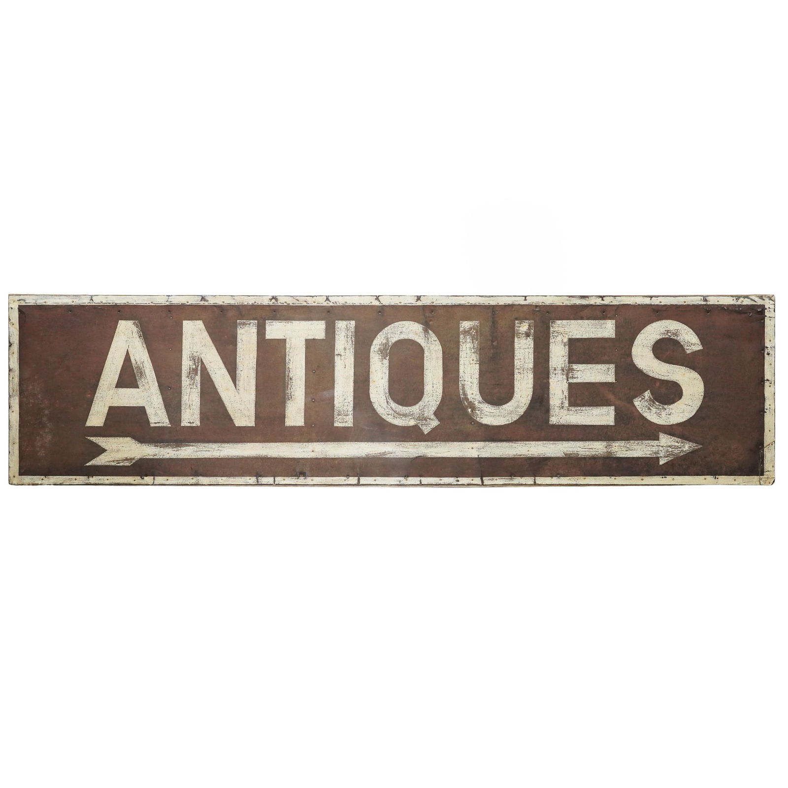 Monumental Painted Iron & Wood "Antiques" Trade Sign: Monumental Painted Iron & Wood "Antiques" Trade Sign20th centuryA large wooden sign with iron front paneling featuring hand-painted "Antiques" across the front with an arrow.H 23.625" x L 95" x W 1"