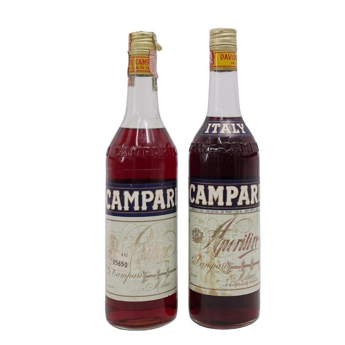 (2pc) Vintage Italian Campari Bitter Aperitivo Sealed Bottles: (2pc) Vintage Italian Campari Bitter Aperitivo Sealed Bottles 1970s, Italian Campari is famous for its vibrant red color and distinctive bitter taste, derived from secret blend of aromatic herbs and