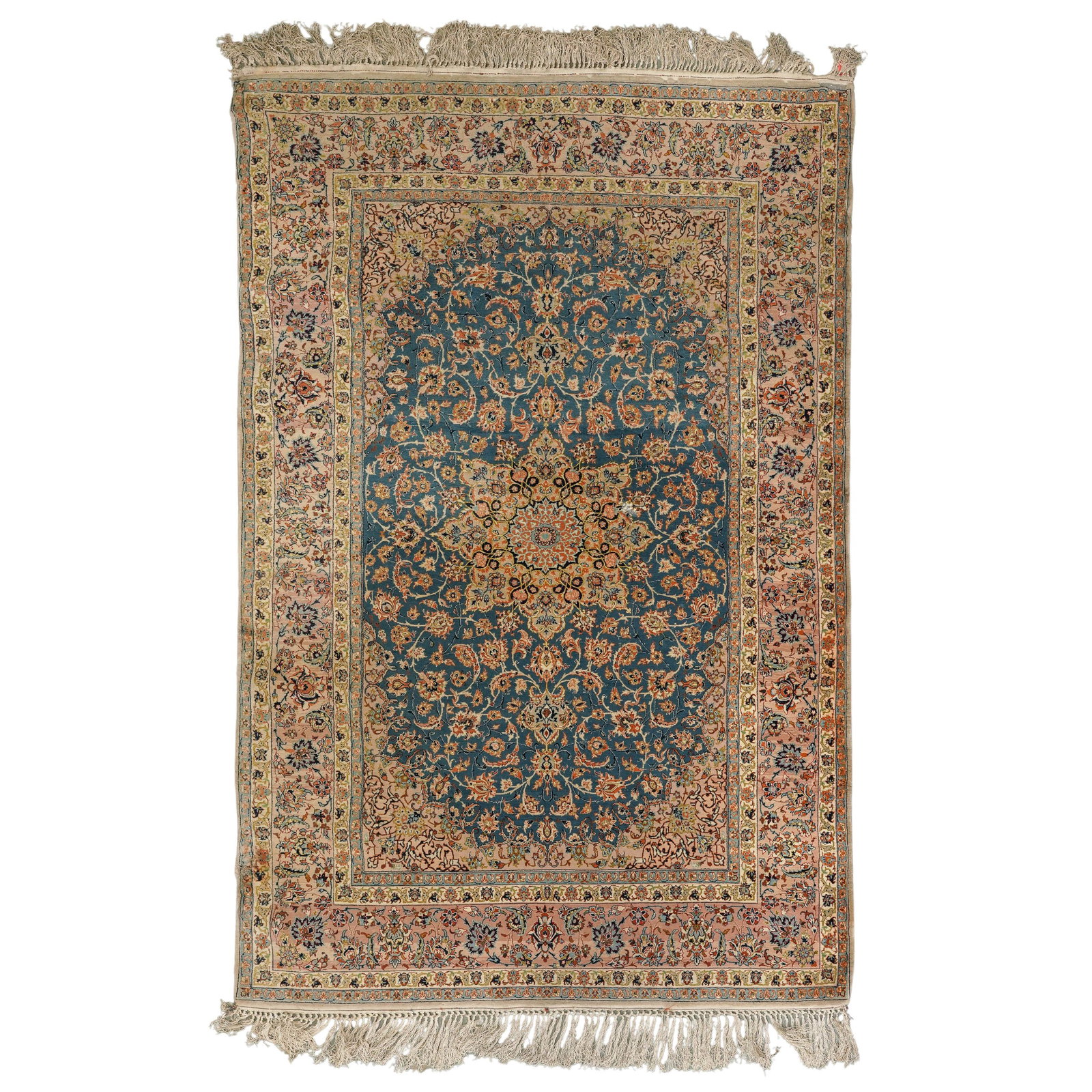 Persian Hand Knotted Silk and Wool Kashan Rug: Persian Hand Knotted Silk and Wool Kashan Rug Early-Mid 20th Century, Iran Vintage hand-knotted Persian Kashan area rug featuring a deep navy field centered by an ornate floral medallion, surrounded b