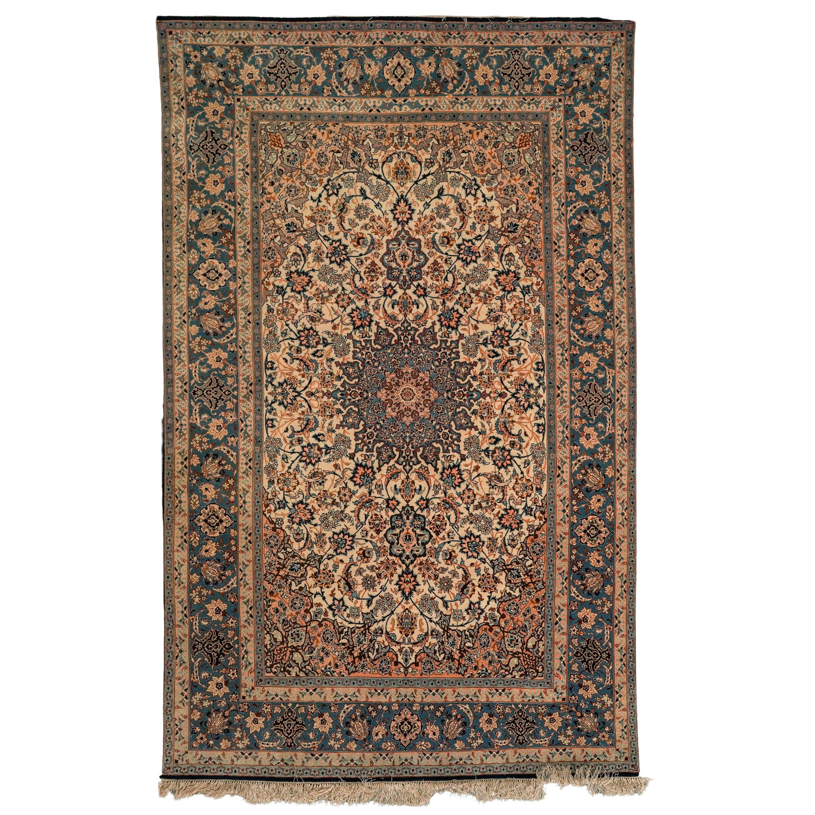 Persian Hand Woven Silk & Wool Rug: Persian Hand Woven Silk & Wool Rug Mid-Late 20th Cent,, Iran Hand-woven Persian area rug made in Iran, featuring an intricate floral medallion design in cream, navy, and earth tones. Woven with a wool