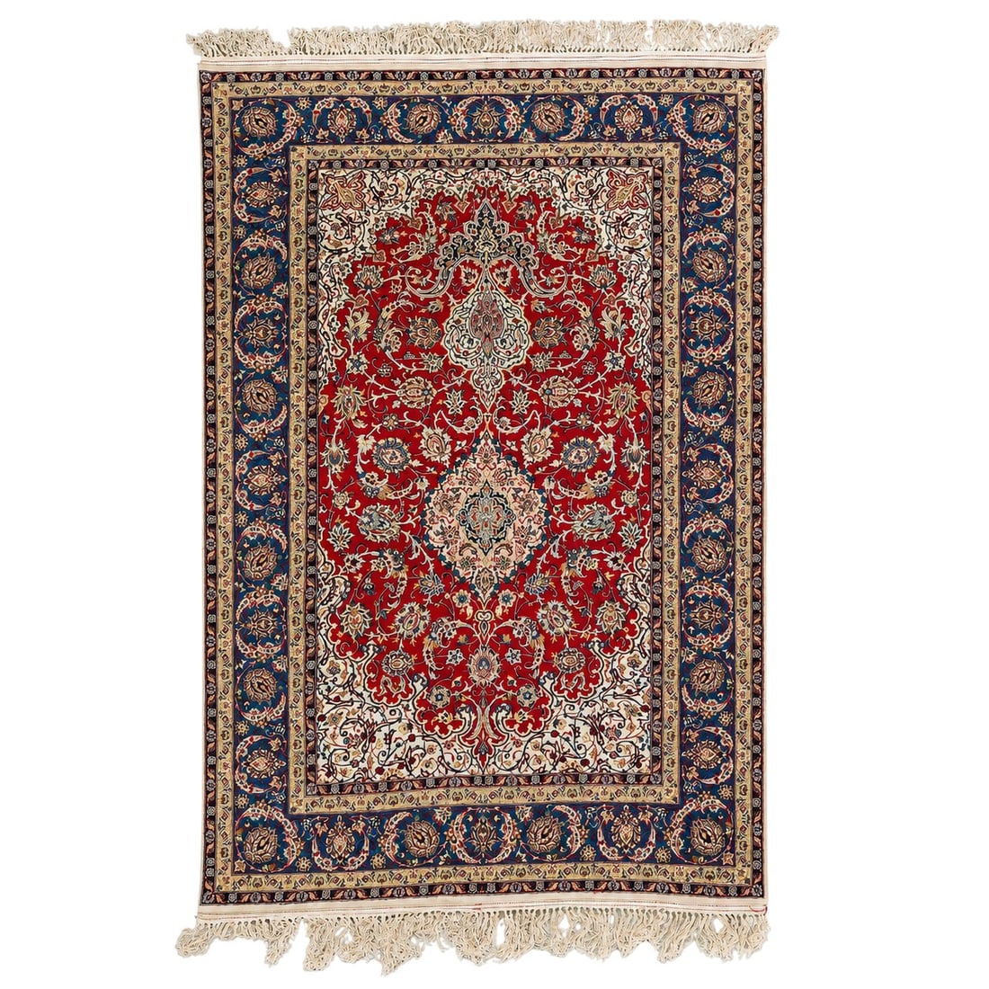 Persian Hand Knotted Silk & Wool Rug: Persian Hand Knotted Silk & Wool Rug Mid-20th Century, Iran Vintage Persian area rug hand-knotted in a silk and wool blend, featuring a rich crimson floral medallion set against a light blue field wit