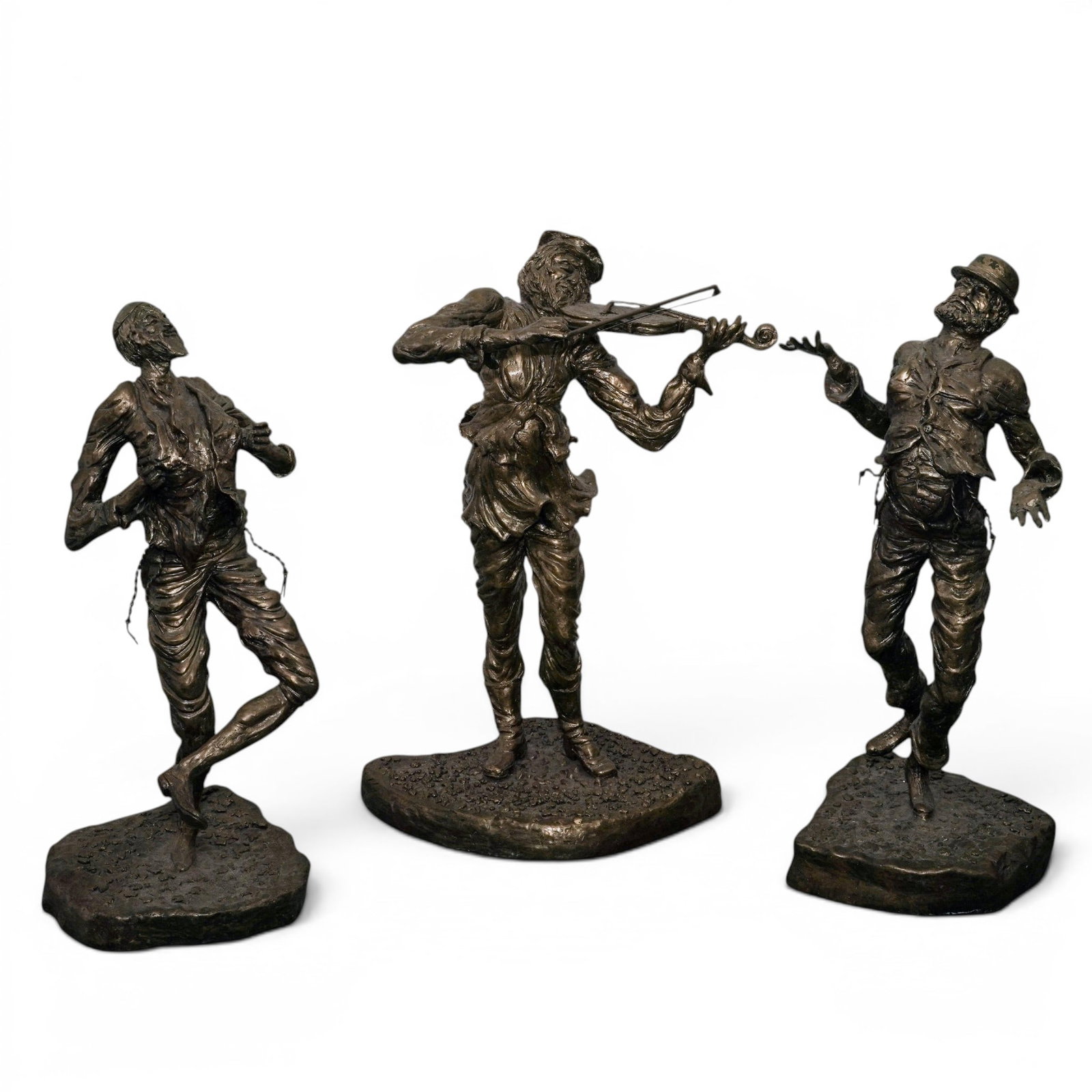 (3 pc) Large Israeli Bronze Musicians Sculptures: (3 pc) Large Israeli Bronze Musicians Sculptures 20th Cent, USA/Israel Each figure is cast in bronze with detailed modeling of movement, drapery, and instrument handling, reflecting a narrative figura