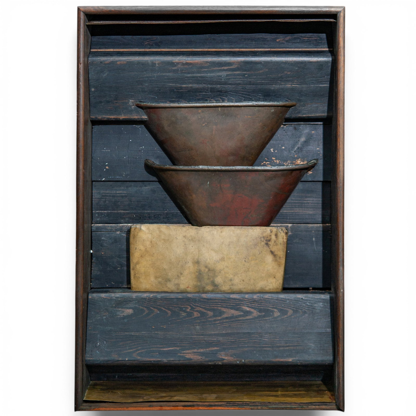 Unknown Artist Wooden Box Collage: Unknown Artist Wooden Box Collage Early 20th Cent, USA Tabletop object built inside a deep rectangular dark wood frame. Inside the box, a vertical, multi-layered assembly of raw materials sits angled 