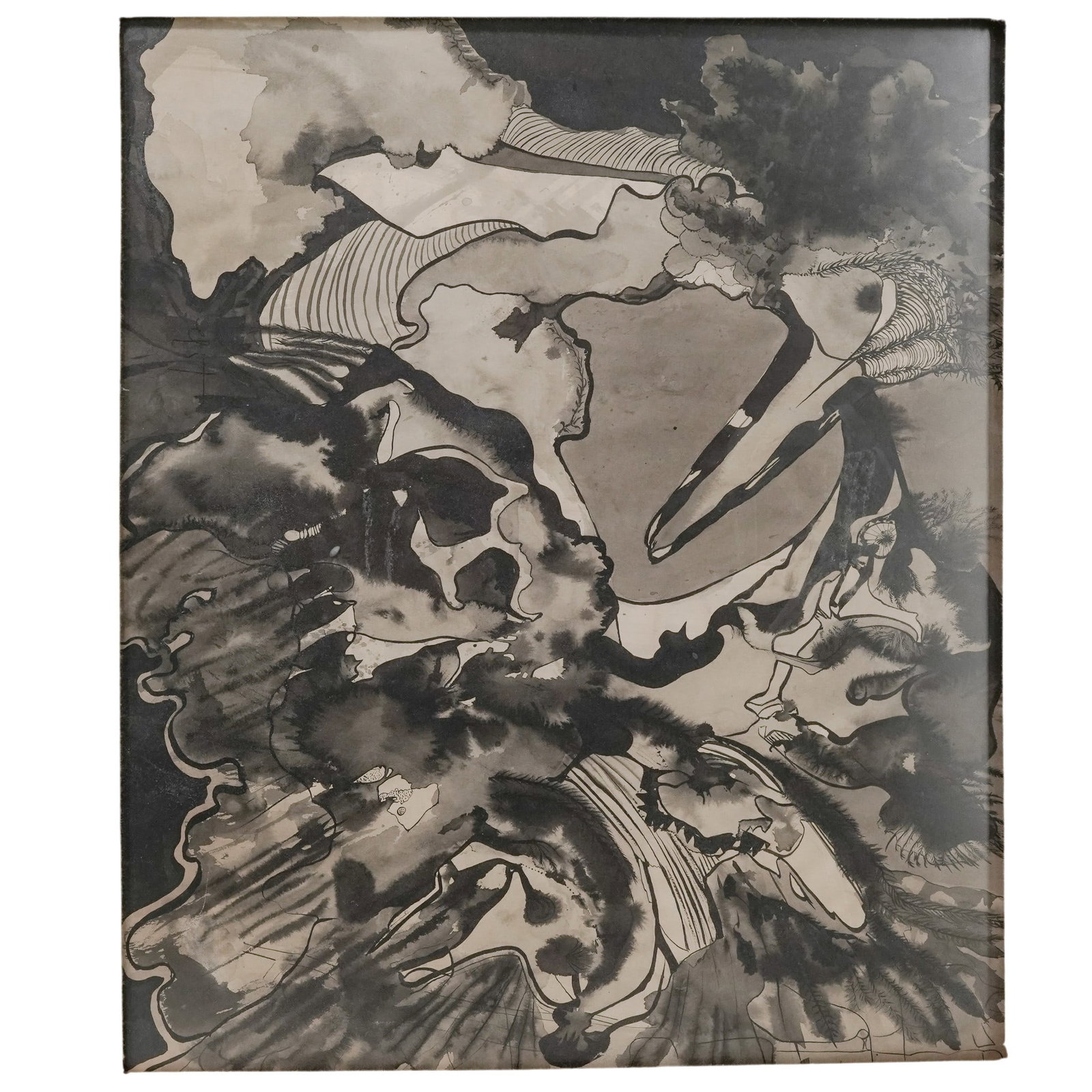Rodolfo Nieto (1936-1985) Ink & Watercolor Painting: Rodolfo Nieto (1936-1985) Ink & Watercolor Painting 20th Cent, Mexico This vintage mid-century abstract ink wash drawing features a dynamic, monochromatic graphic composition with fluid organic forms,