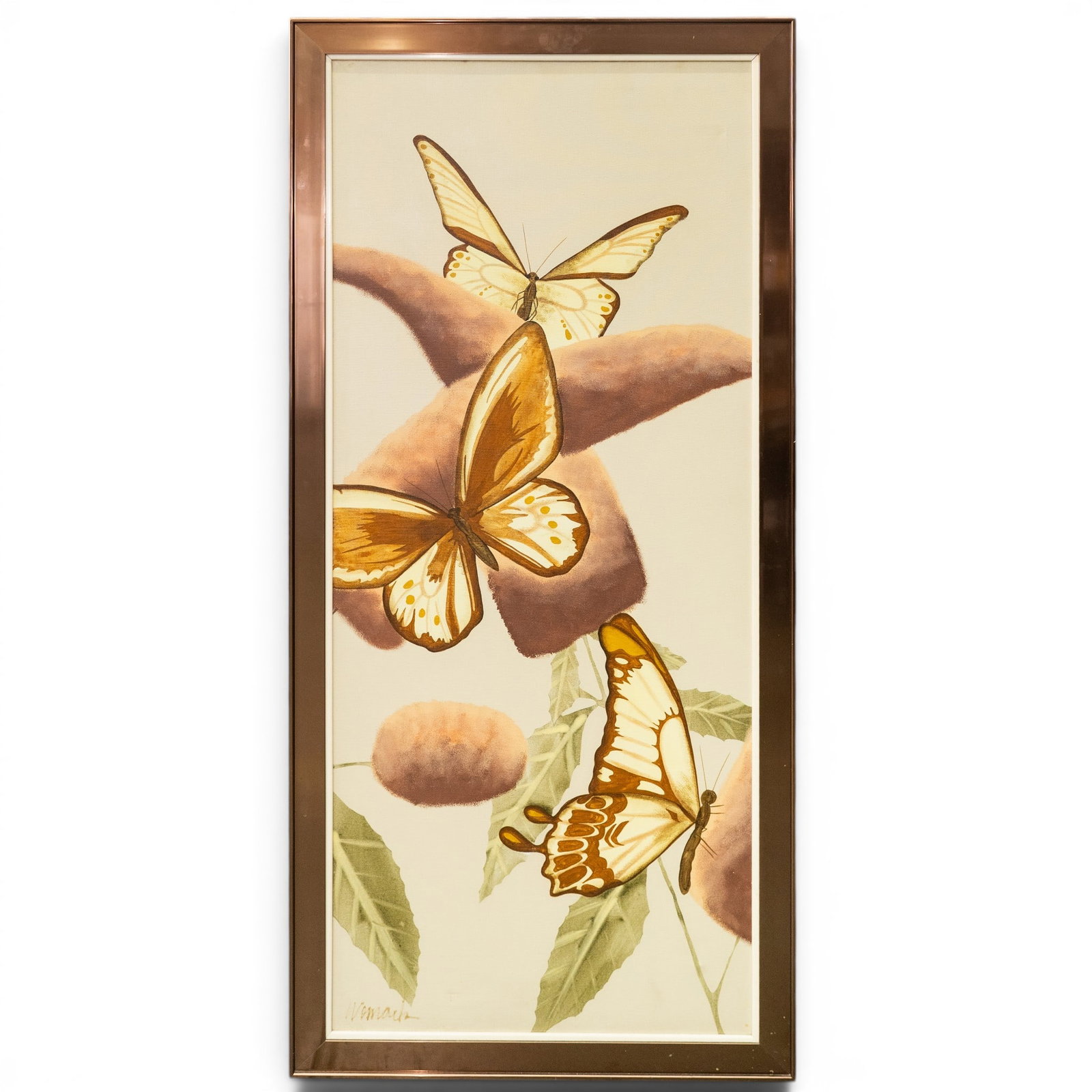 Large Signed Butterflies In Flight Oil on Canvas: Large Signed Butterflies In Flight Oil on Canvas Likely Mid 20th Cent, Likely USA his striking vertical giclee features three detailed butterflies in warm amber, cream, and gold tones fluttering amids