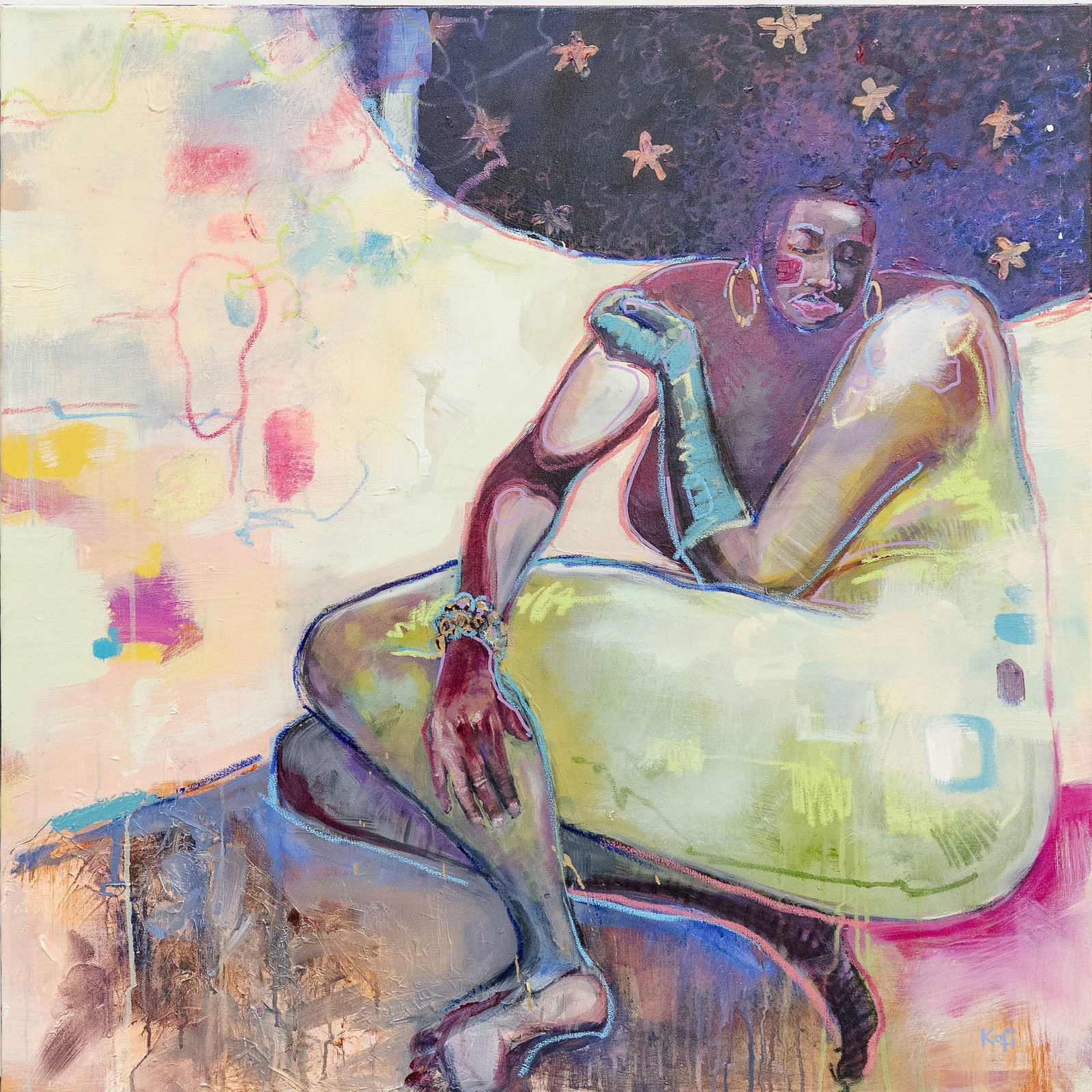 Kofi Honu (African) "Nyonu zaza Eunice" Acrylic & Oil Pastels on Canvas Painting: Kofi Honu (African) "Nyonu zaza Eunice" Acrylic & Oil Pastels on Canvas Painting 20th century, African Kofi Honu is an African artist of Ghanaian origin. The piece titled "Nyonu zaza Eunice" is a larg