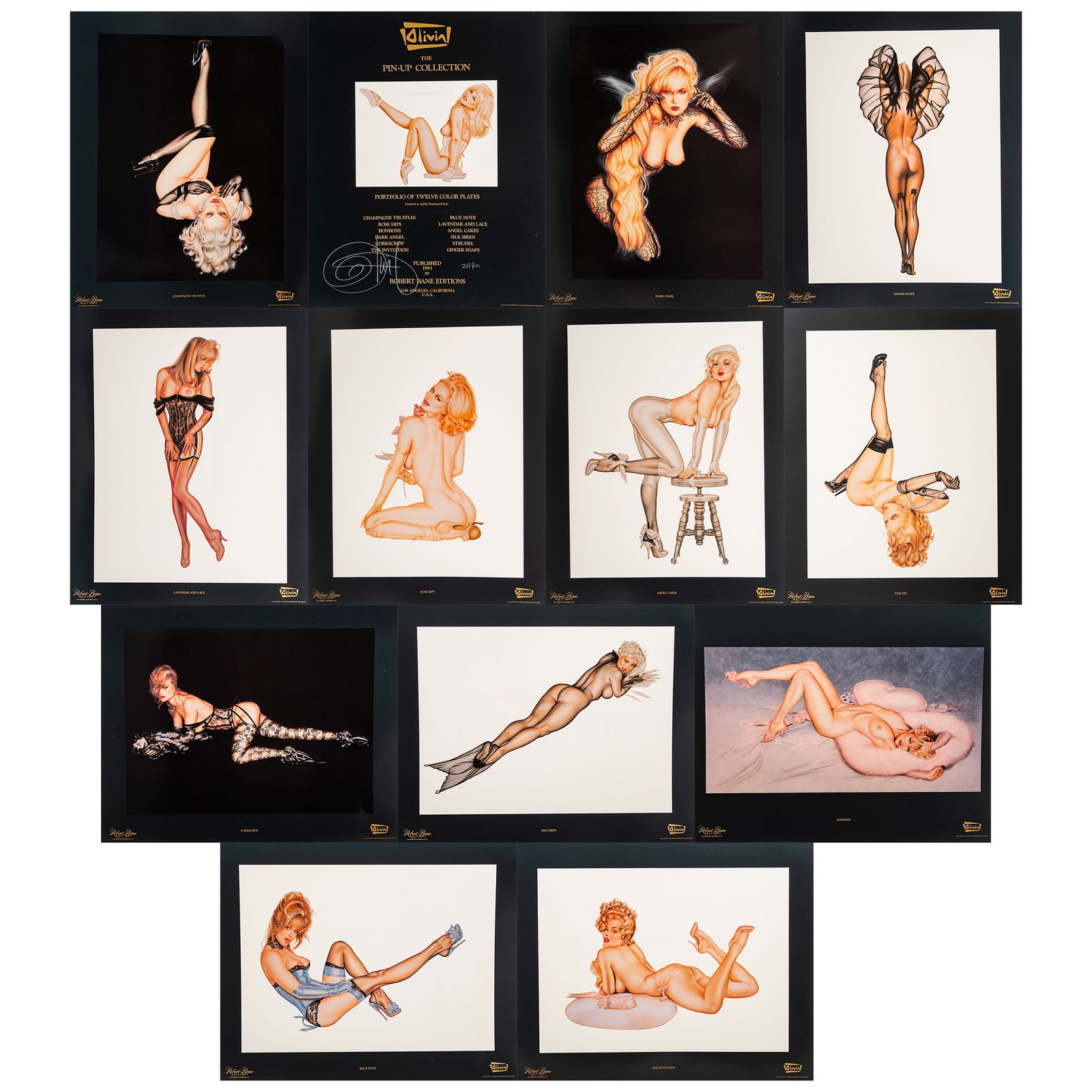 Olivia De Berardinis Pin-Up Collection (Robert Bane Editions): Olivia De Berardinis Pin-Up Collection (Robert Bane Editions) c. 1993, USA The Olivia Pin-Up Collection is a highly collectible, limited-edition art portfolio by iconic pin-up artist Olivia De Berardi