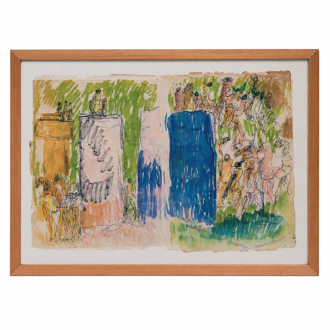 Purvis Young (American, 1943–2010) Mixed Media on Paper: Purvis Young (American, 1943–2010) Mixed Media on Paper Late 20th Century, USA Original mixed media work on paper by Purvis Young, depicting expressive figural and architectural forms rendered in la