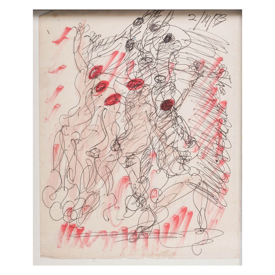 Purvis Young (American, 1943-2010) 'The Moment,' Mixed Media on Paper: Purvis Young (American, 1943-2010) 'The Moment,' Mixed Media on Paper 1983, USA Original mixed media work on paper by Purvis Young, titled "The Moment" along the right center and dated "02/19/83" at t