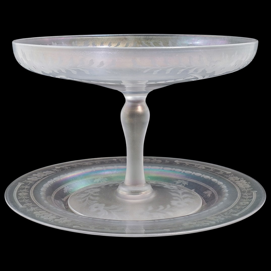 (2 Pc) Steuben "Verre de Soie" Iridescent Glass Compote & Underplate (1 of 15)
