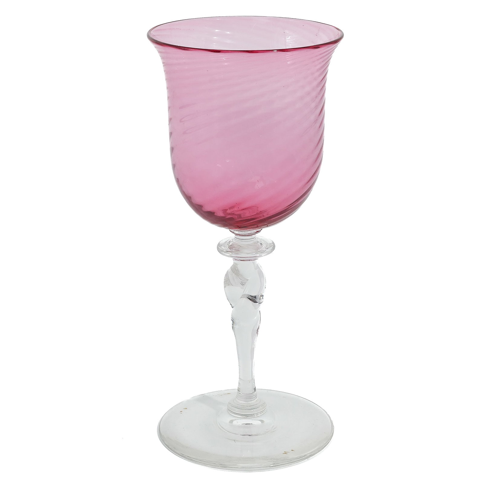 Steuben Glass Gold Ruby Spiral Rib Twist Stem Goblet: Steuben Glass Gold Ruby Spiral Rib Twist Stem Goblet 20th century, USA Steuben glass goblet in a gold ruby spiral rib glass with a clear, twisted stem and foot. Reference: Shape: 6404 Form: Goblet Pri