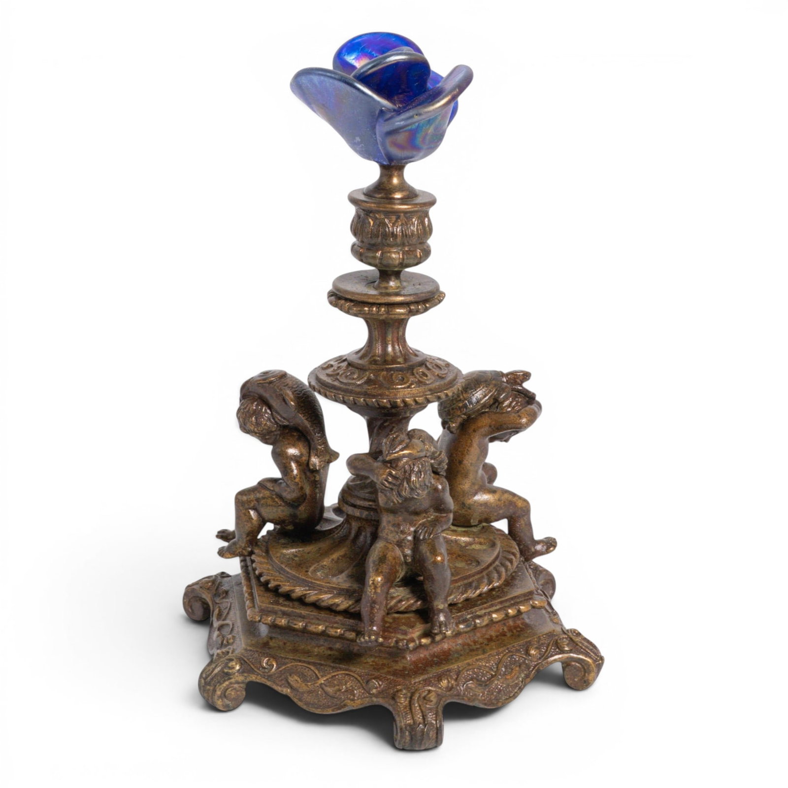 Tiffany & Co. Brass Cherub Base With Blue Glass Rose (1 of 8)