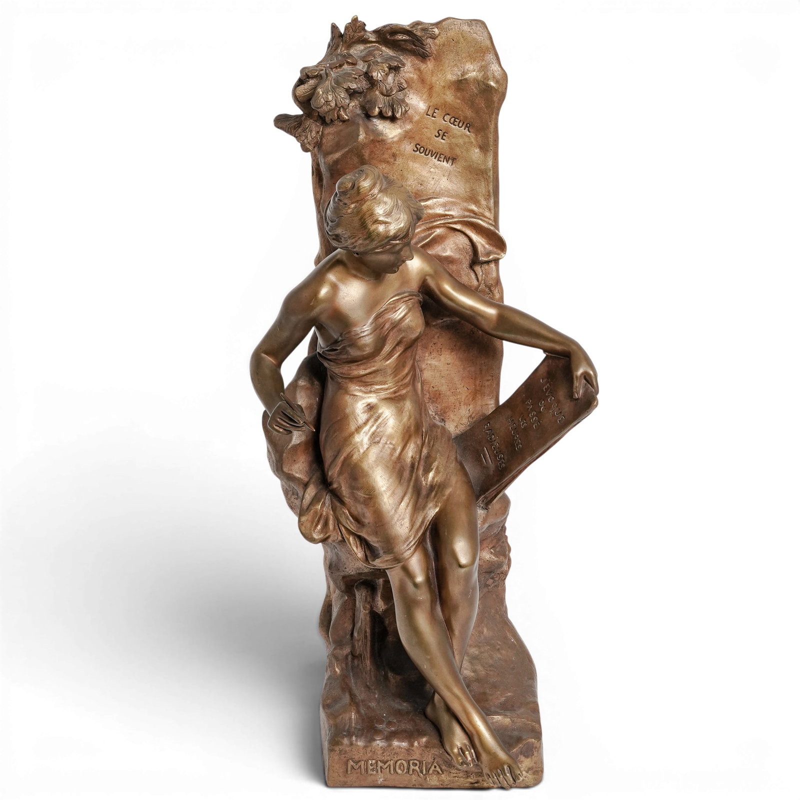 Emile-Louis Picault (French, 1833-1915) "Memoria" Bronze Sculpture: Emile-Louis Picault (French, 1833-1915) "Memoria" Bronze Sculpture c. 1890s, French Signed "E. Picault " on the side, titled "Memoria" at the base, and stamped with a circular Parisian quality seal, a