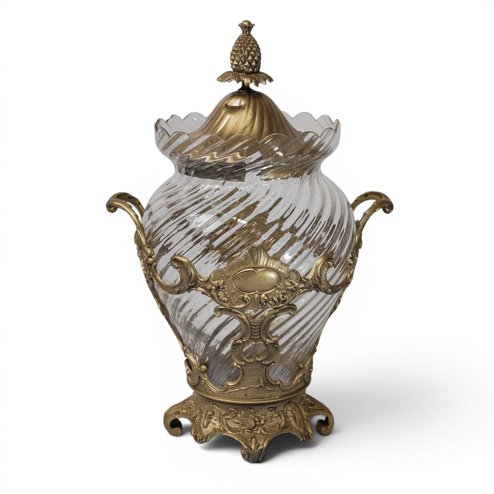 Antique Rococo-Revival Crystal & Ormolu Urn: Antique Rococo-Revival Crystal & Ormolu Urn c. 1894, French This 19th century French luxury lidded silver wedding anniversary presentation glass urn, features molded clear crystal with deep spiral rib