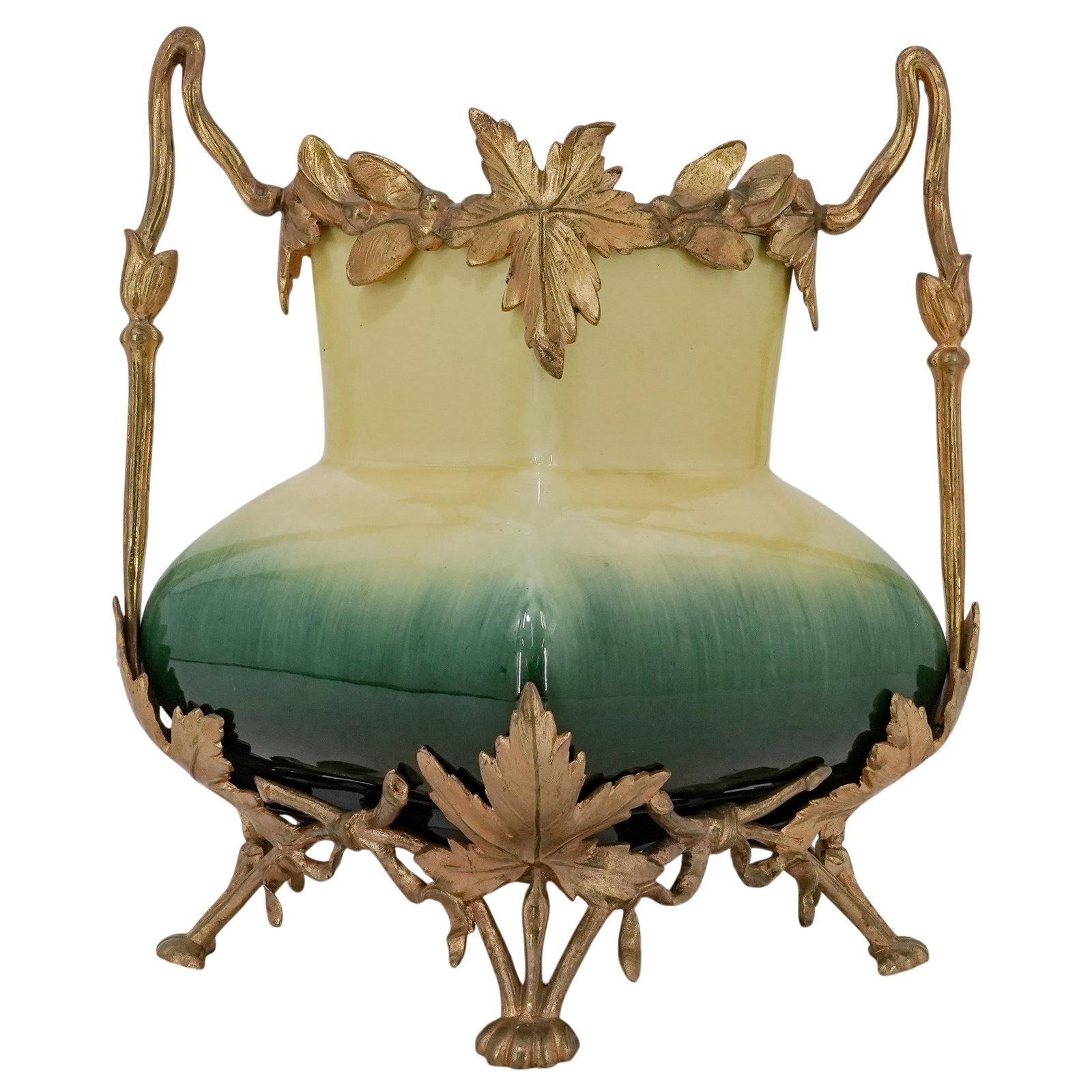 Signed Art Nouveau Majolica Mounted Bronze Jardiniere: Signed Art Nouveau Majolica Mounted Bronze Jardiniere Late 19th - Early 20th Cent, European The ceramic body features a glossy glaze that transitions from yellow to green, highlighting the organic con