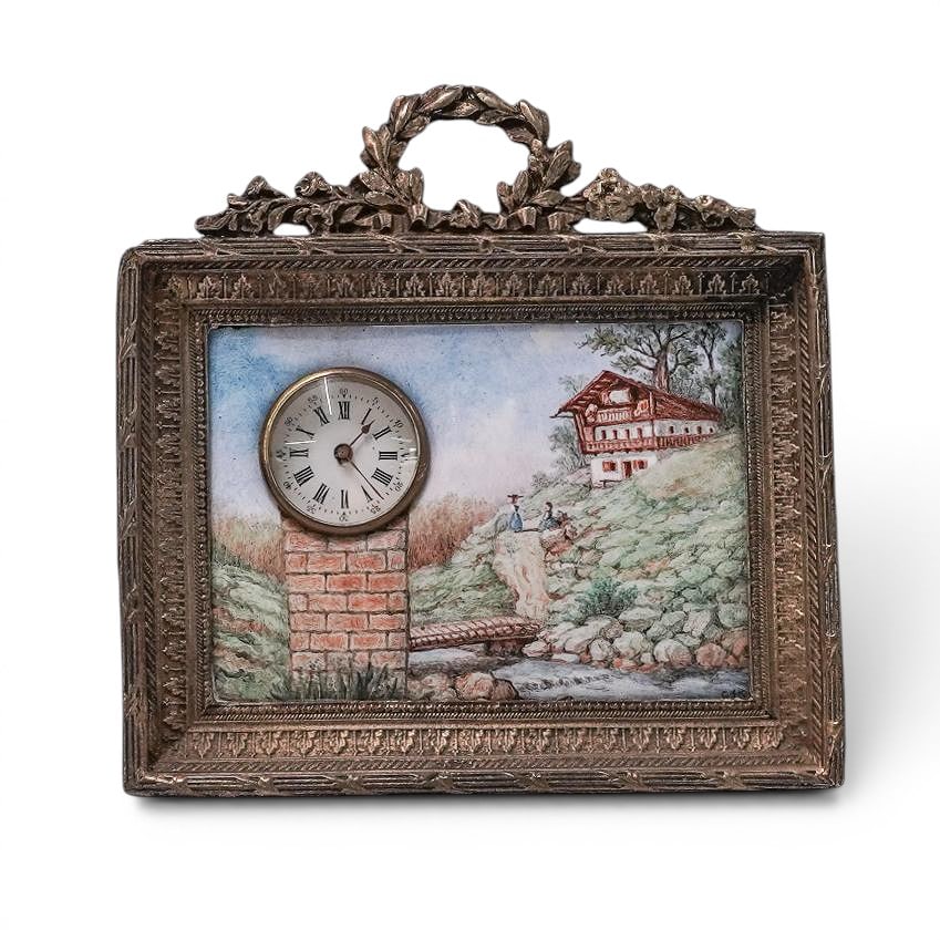 Antique French Bronze and Enamel Desk Clock w/Key (1 of 5)