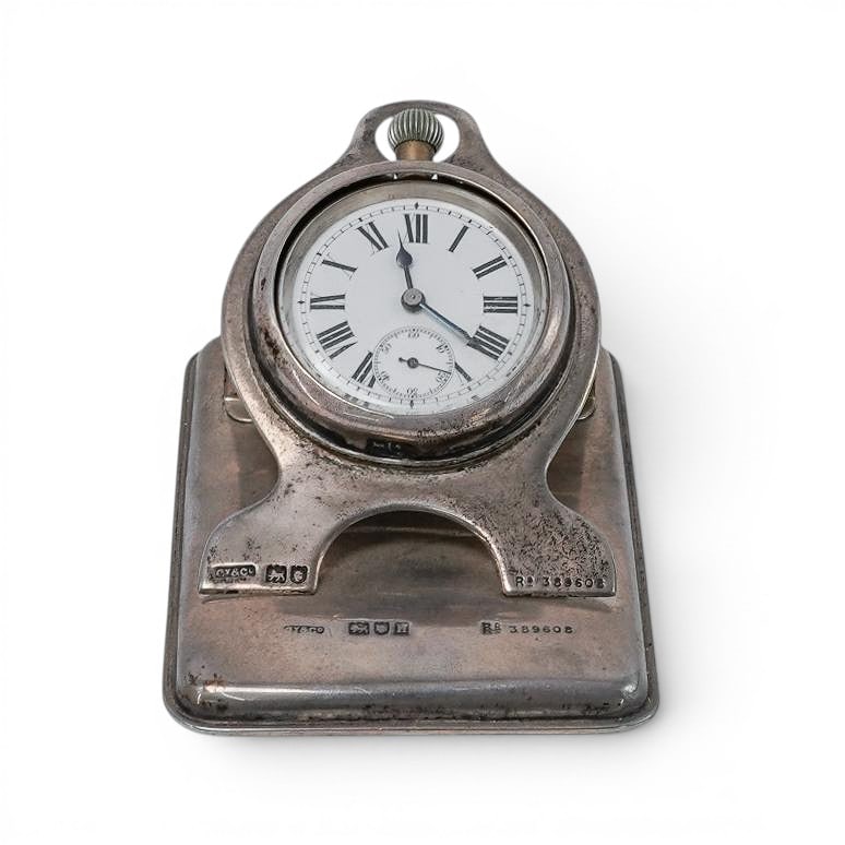 Antique English Sterling Silver Paper Weight/Desk Clock: Antique English Sterling Silver Paper Weight/Desk Clock Late 19th Cent. England GY & Co. English Sterling silver desk clock functional as a paper clip weight, stamped several times with English hallma
