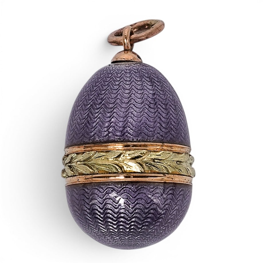Imperial Russian Era 14k Gold & Purple Guilloche Enamel Egg Pendant (1 of 6)
