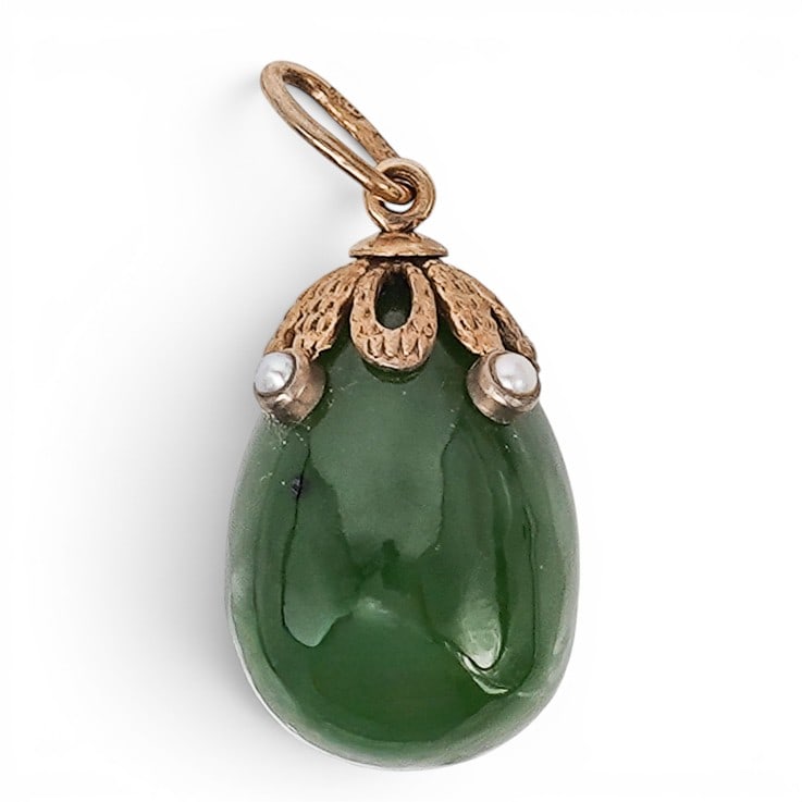 Imperial Russian Era 14k Gold Nephrite Jade & Pearl Egg Pendant (1 of 7)
