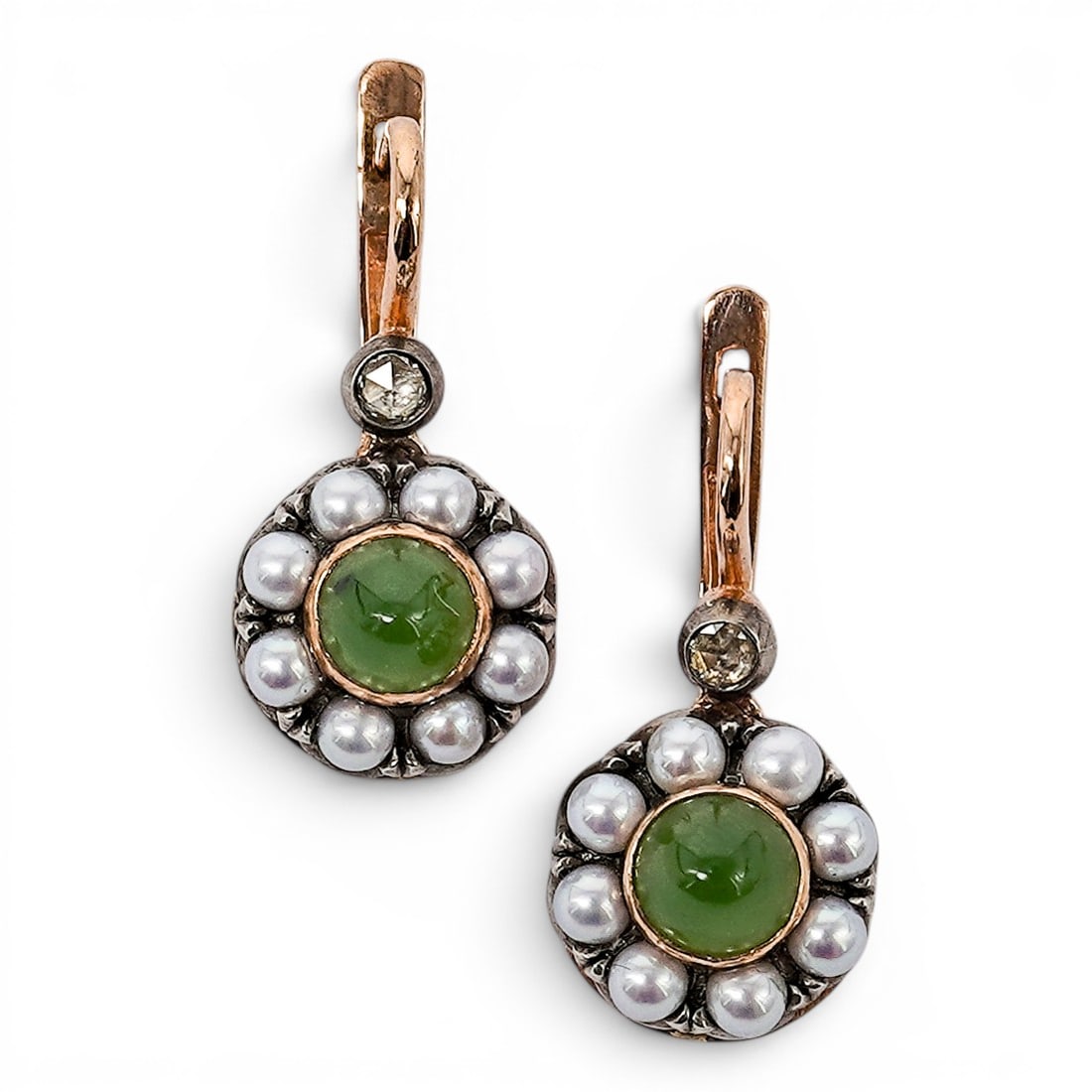 Imperial Faberge Era 14K Gold Nephrite Diamond & Pearl Earrings: Imperial Faberge Era 14K Gold Nephrite Diamond & Pearl Earrings 20th Century, Russian Pair of 14K gold Faberge-style drop earrings featuring central round green nephrite cabochons framed by cultured p